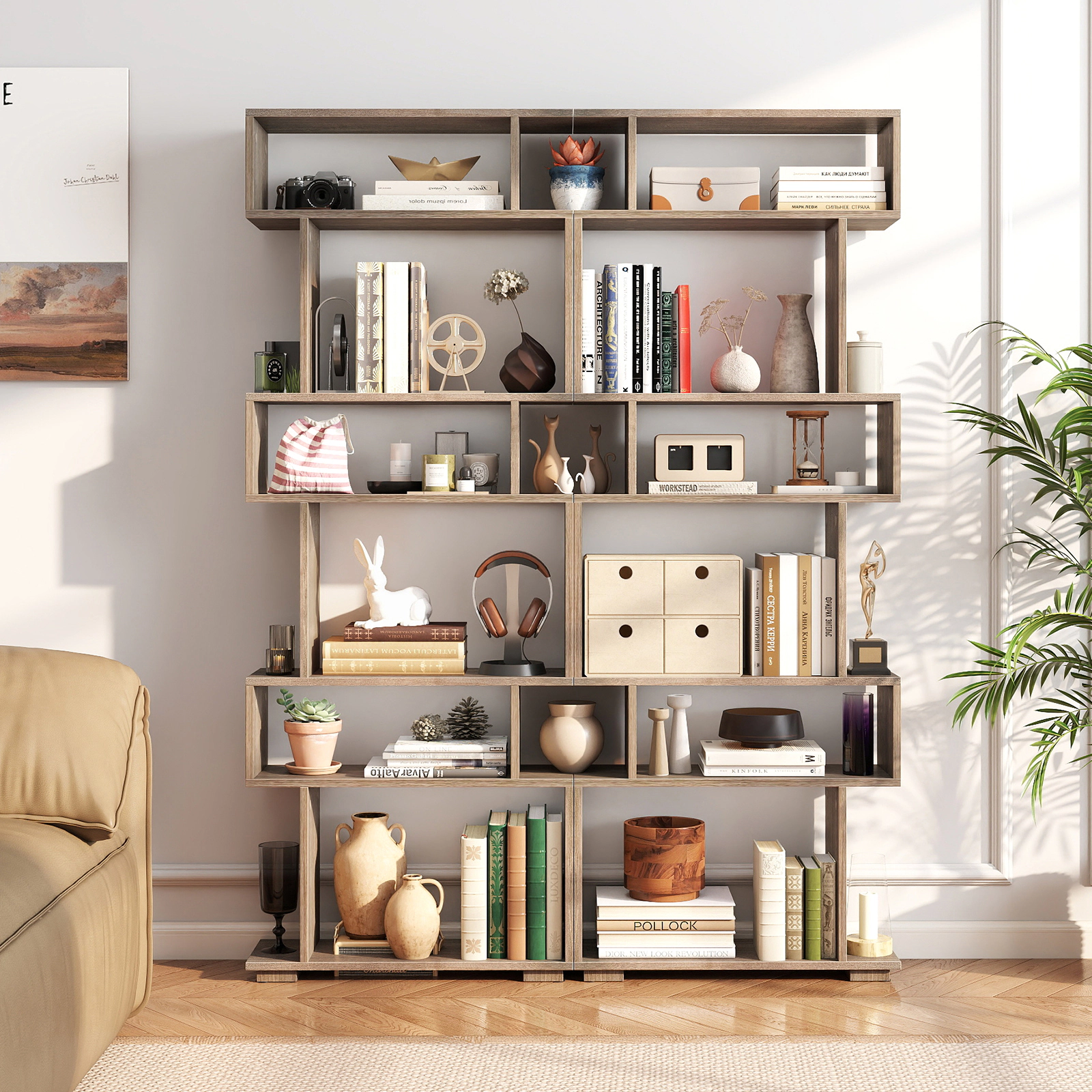 SUGIFT 6-Tier Geometric Bookshelf 64-in Tall with 11-lb Shelf and 22-lb Bottom Capacity with 2 Anti-Tipping Kits Oak