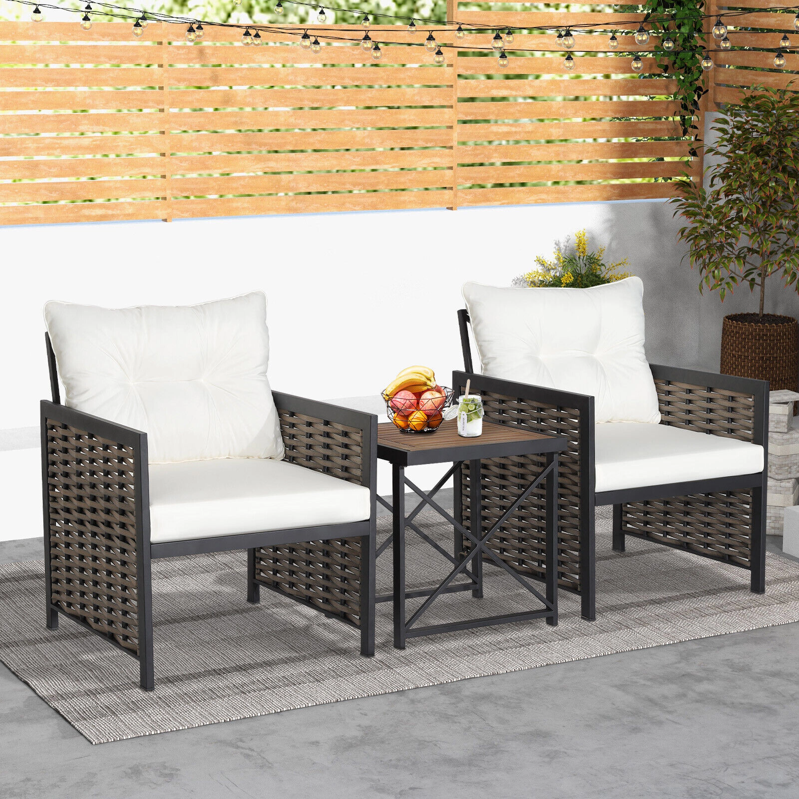 SUGIFT Acacia Wood Tabletop and Thick Back Cushions 3-Piece White Patio Rattan Set