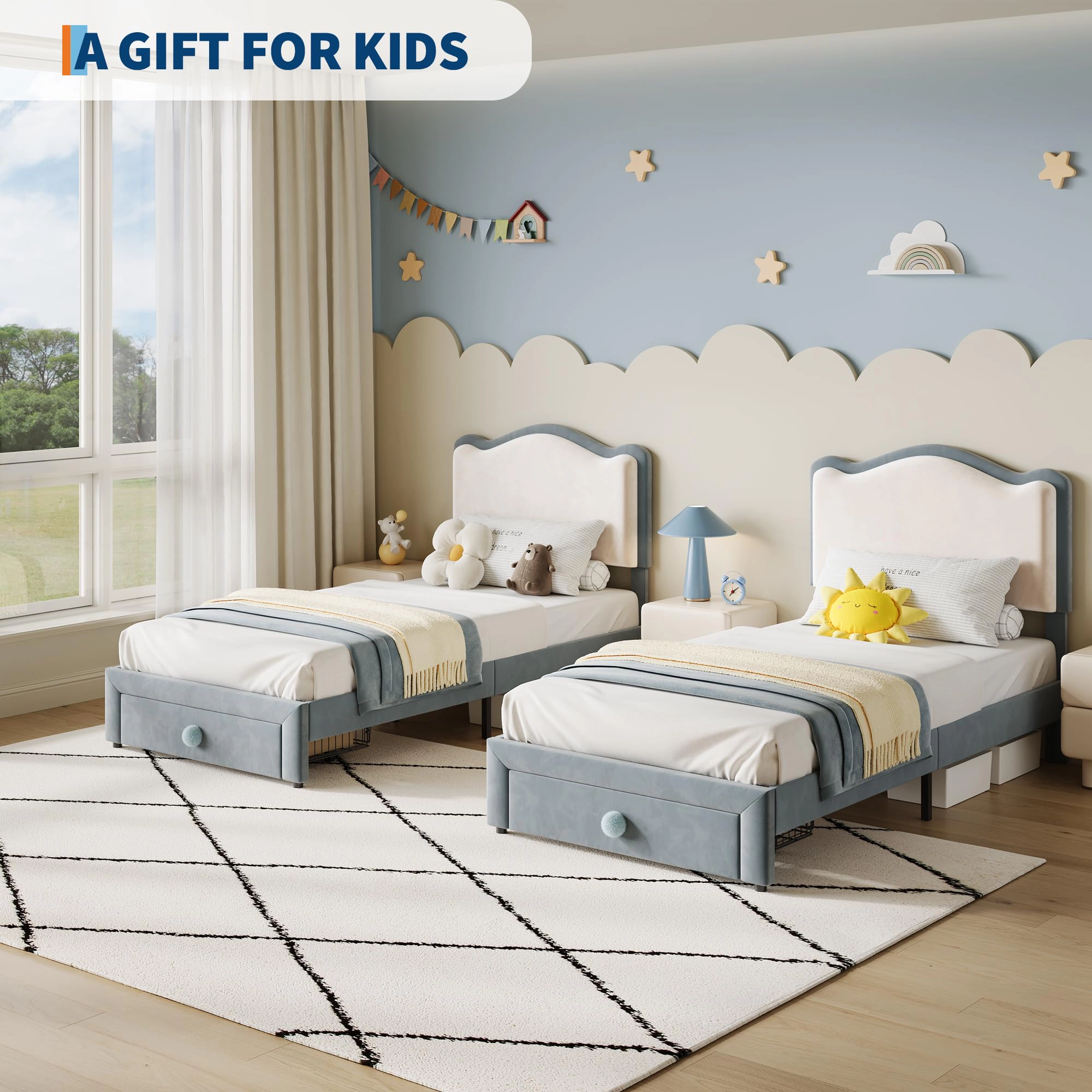 BebreezChic Upholstered Twin Bed Frame with Storage Drawer and Scallop Headboard, Princess Platform Frames