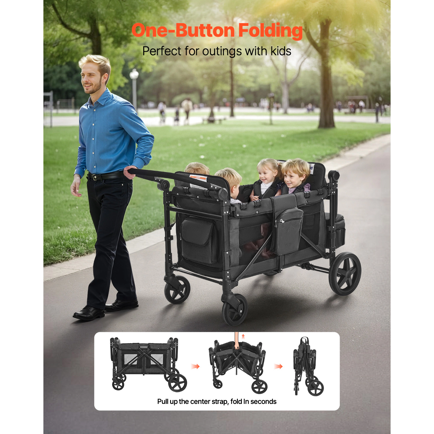 HONGGE 4-Seater Wagon Stroller for Kids, Foldable with 330 lb Capacity, Adjustable Handle, Dark Gray & Black