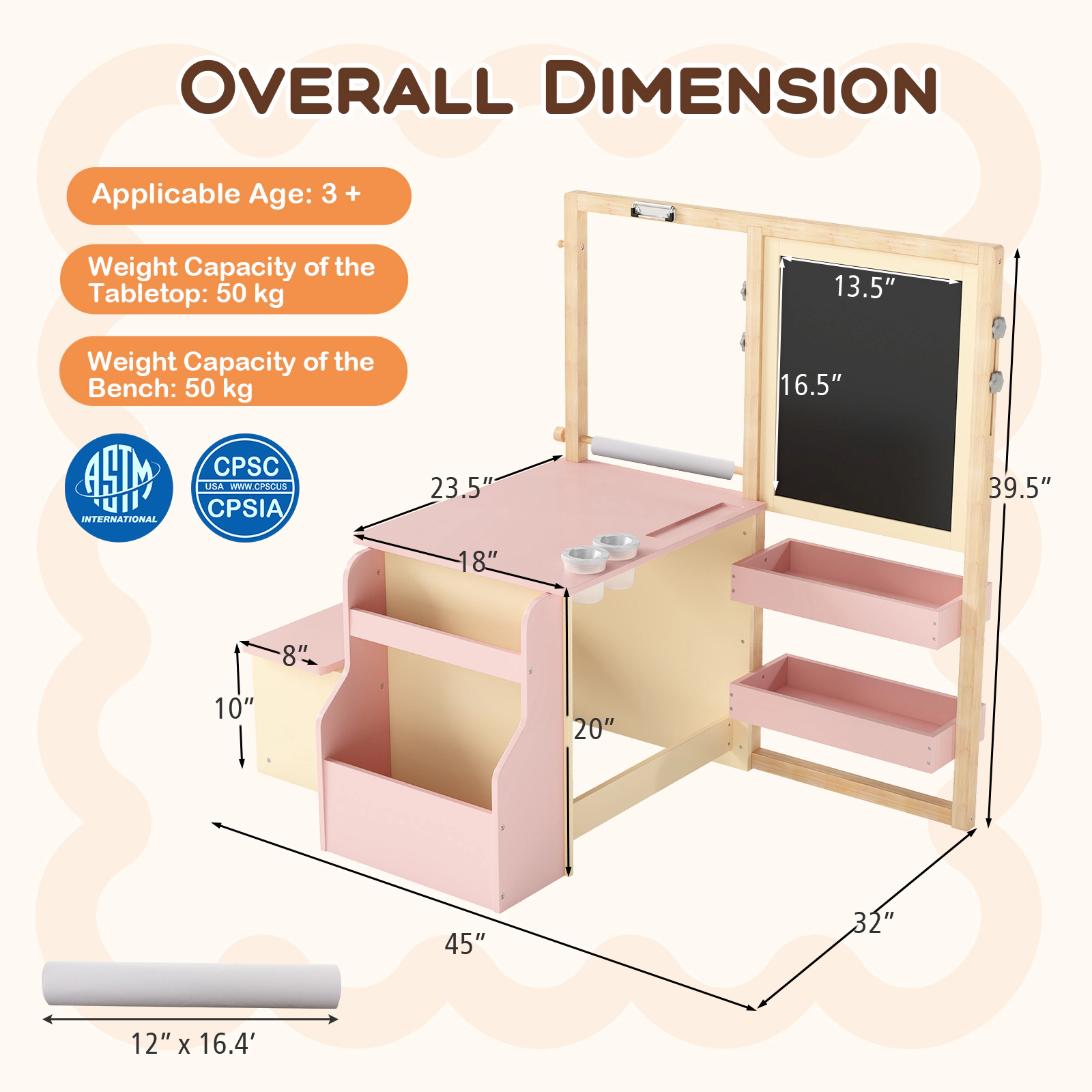 SUGIFT Pink Double-Sided Easel and Paper Roll Kids Art Center Wooden Table and Bench Set