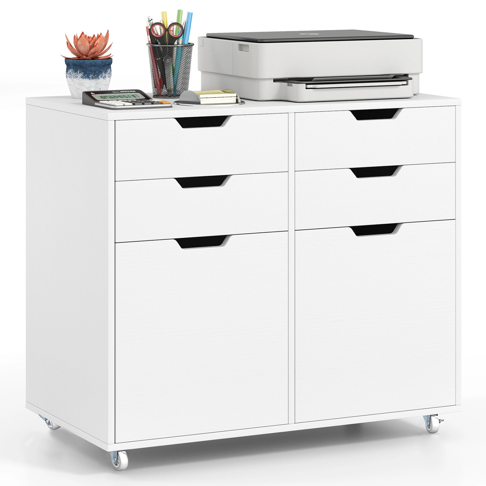 SUGIFT White 29-in 4-Drawer Rolling File Cabinet with 2 Door Cabinets 100-lb Tabletop and 5 Wheels