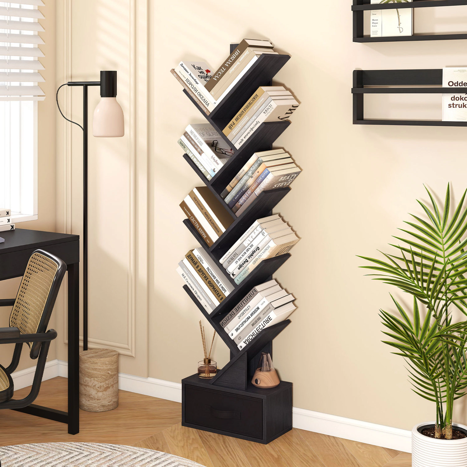 LJG 10-Tier Bookshelf with Drawer Free-Standing Storage Bookcase