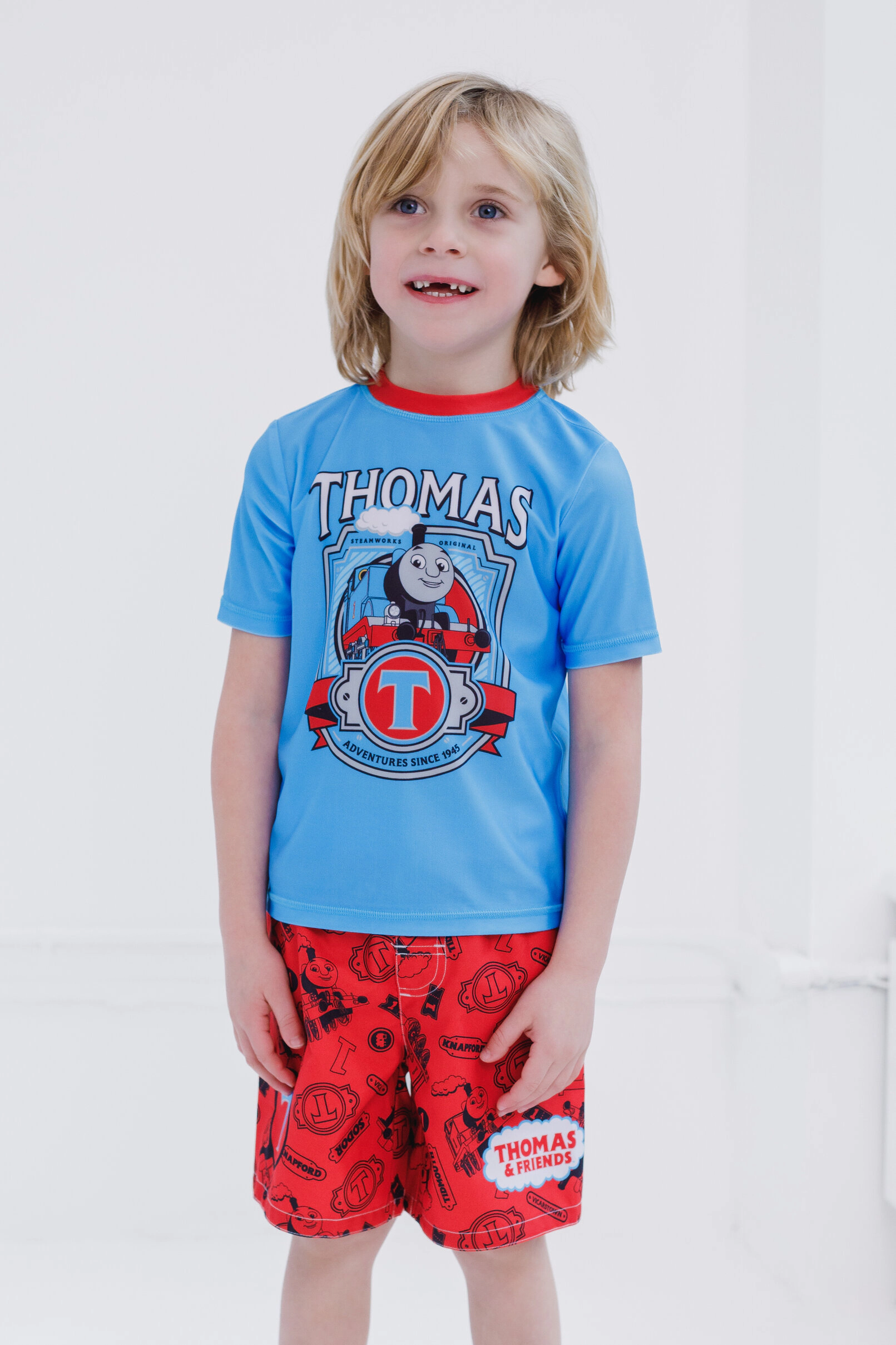 Thomas & Friends Boys' Swimwear 2-Piece Rash Guard and Swim Trunks Set