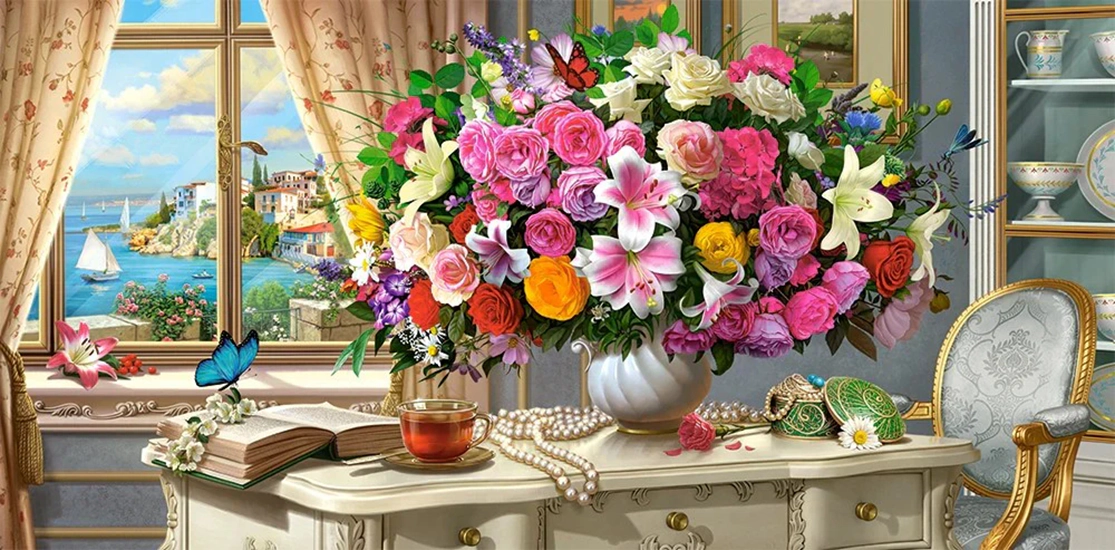 CASTORLAND 4000 Piece Jigsaw Puzzles, Summer Flowers and Cup of Tea, Still nature jigsaw, Romantic picture, C-400263-2