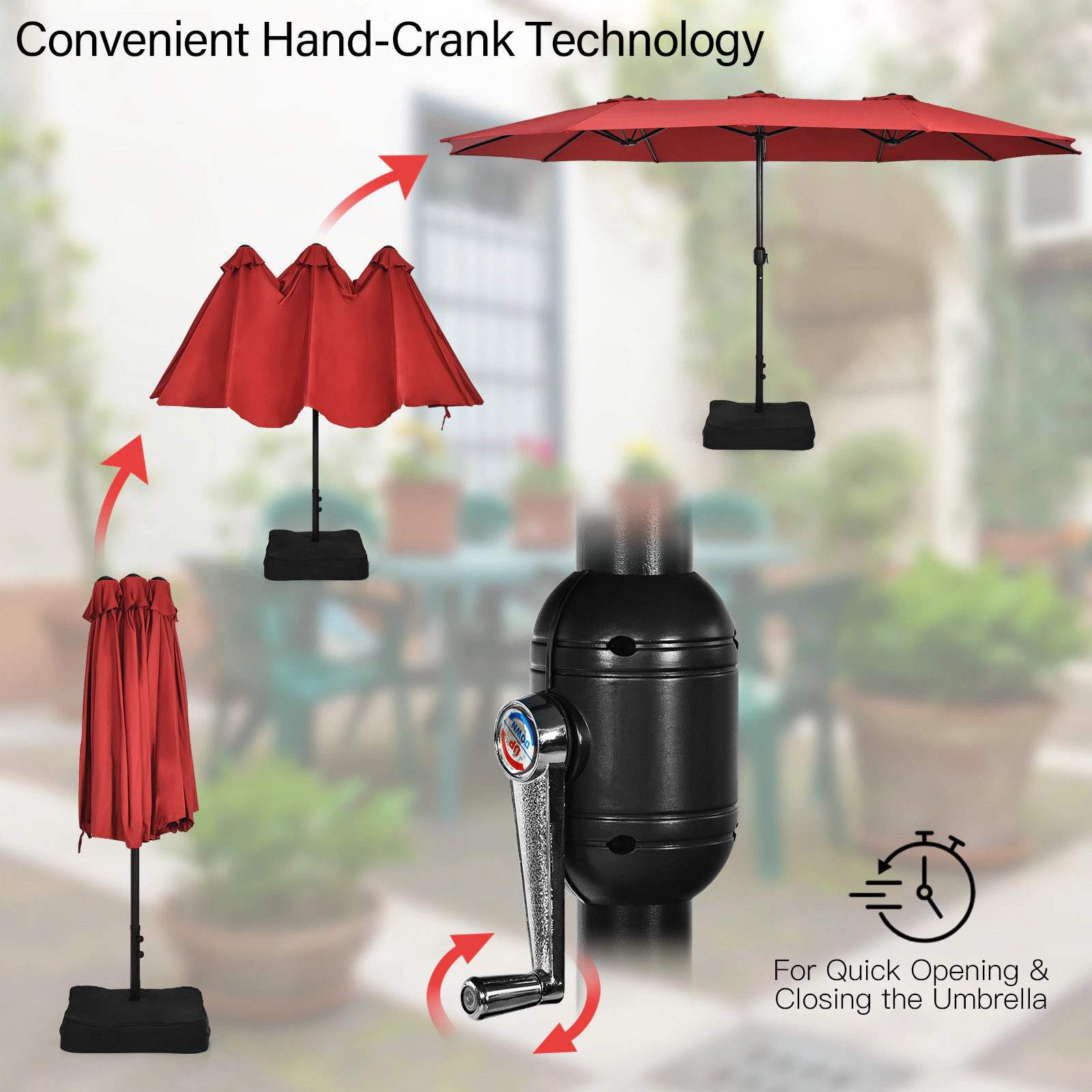 SUGIFT Red 15 Feet Double-Sided Umbrella and Base 10-Piece Patio Wicker Dining Set
