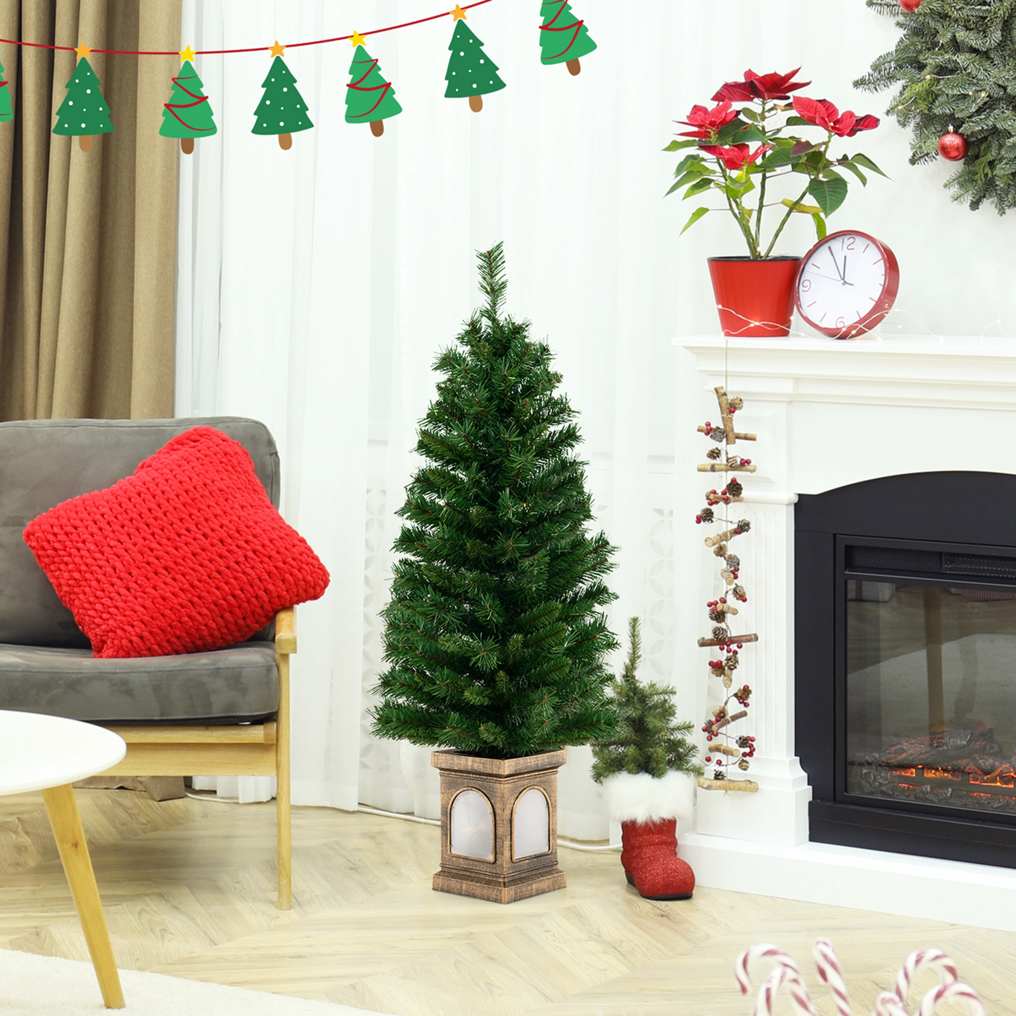 Costway 1 PC 4 FT Pre-Lit Potted Christmas Tree Artificial Entrance Decor with 3 Lighting Modes