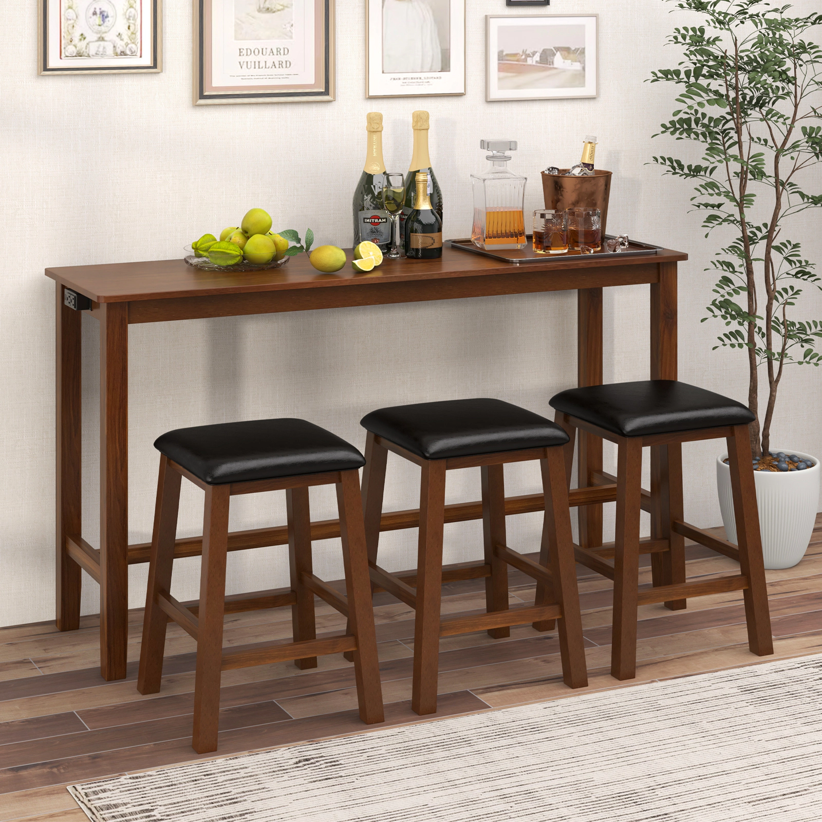 Slickblue 4 Piece Counter Height Dining Table Set with 3 Stools Walnut Brown USB Outlet