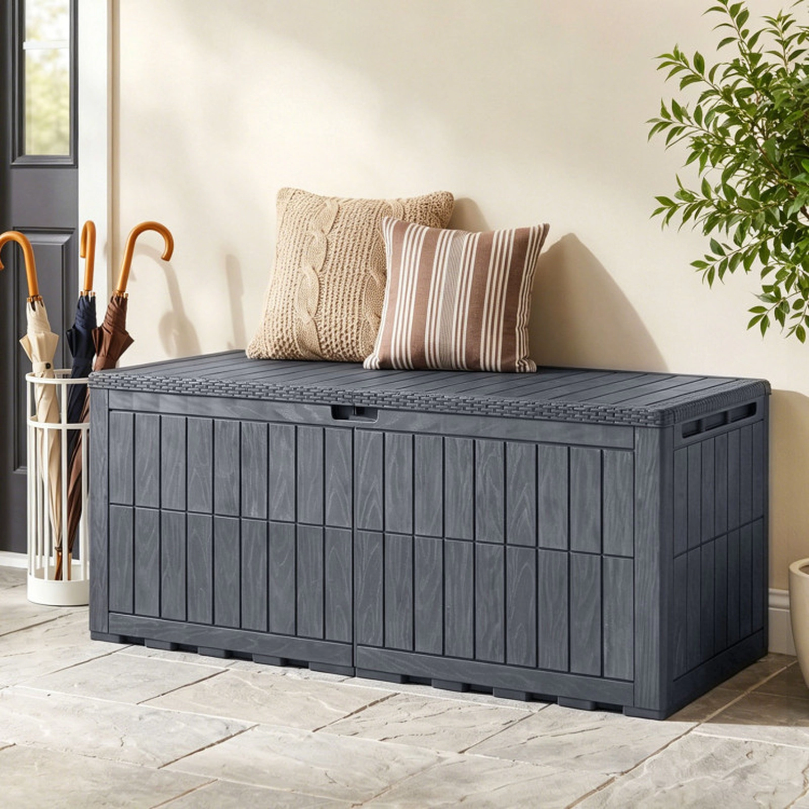 SUGIFT 180 Gal Outdoor Deck Box All-Weather Lockable Storage Bin with Lid and Handles 620-lb Seating Capacity Gray