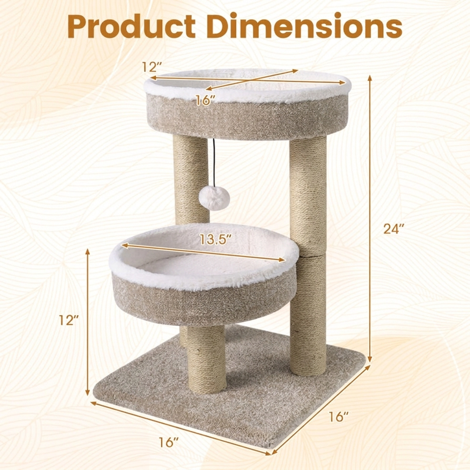 SUGIFT 24-in Cat Tree Tower with 2 Plush Perches Scratching Posts and Dangling Ball 33-lb Capacity White+Beige