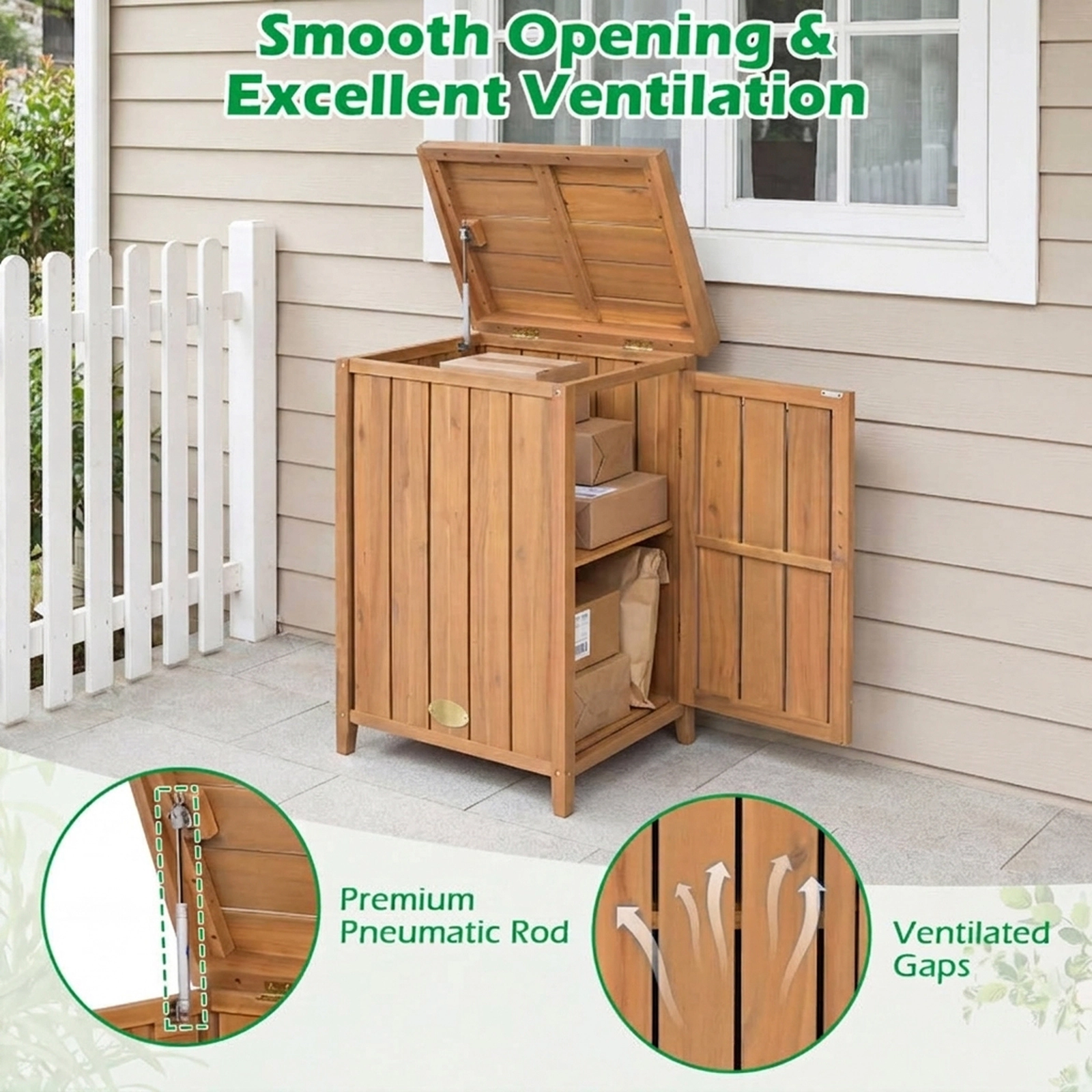 SUGIFT Acacia Wood Package Delivery Box with Pneumatic Lid Removable Shelf and 88-lb Shelf Capacity