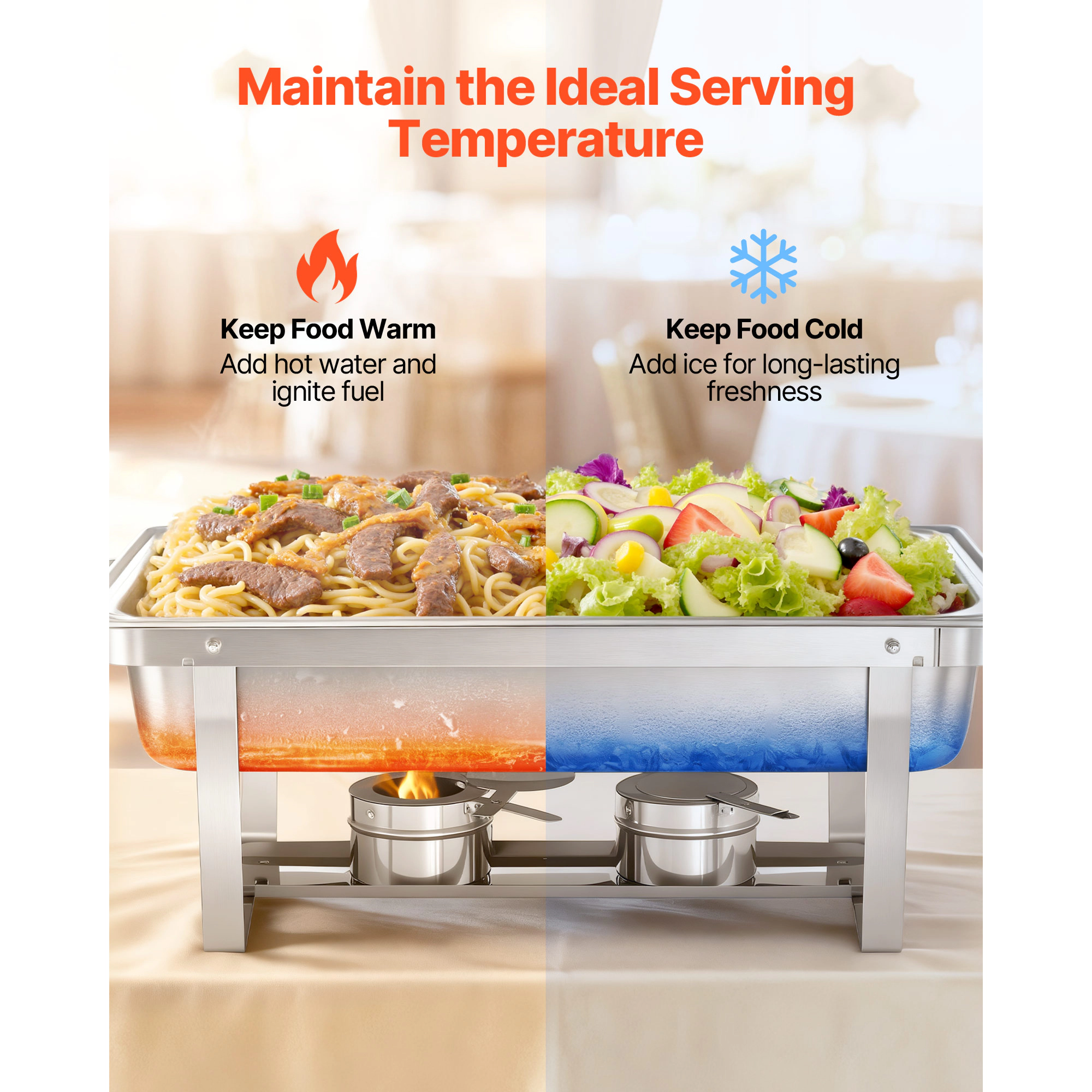 HONGGE Rectangle Chafing Dish 9 Qt Stainless Steel Chafing Dish Food Warmer Chafer Complete Set with Hollow Handle Food