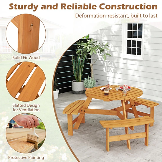 SUGIFT 6-Person Round Fir Wood Picnic Table Set with 3 Benches 220-lb Table 550-lb Benches 36-in Top Brown/Yellow