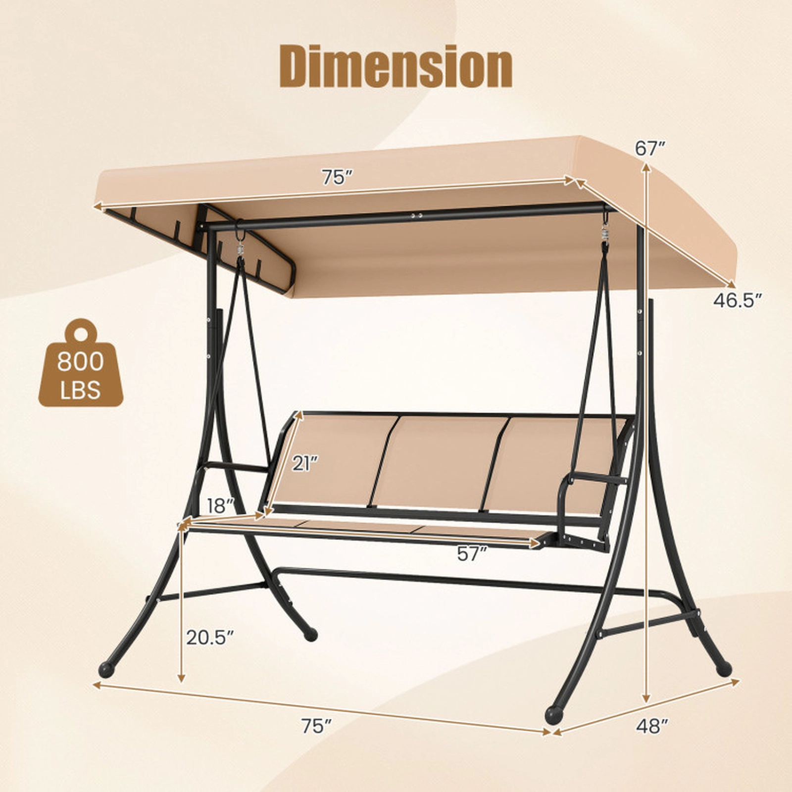 SUGIFT 3-Seat Patio Swing Chair with Adjustable Canopy 800-lb Capacity 75-in Frame 57 x 18 x 21 in Seat Beige and Black