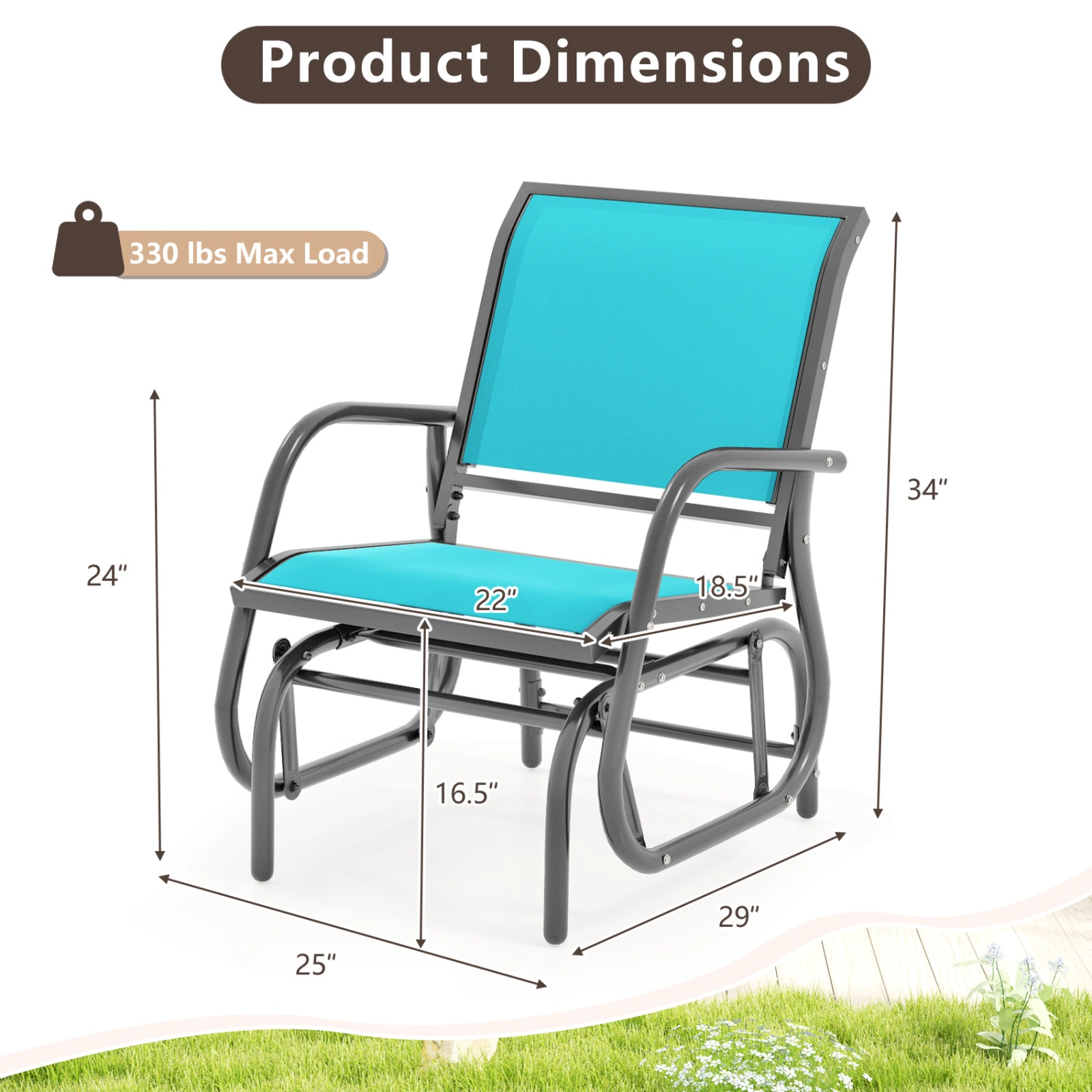 SUGIFT Turquoise Steel Outdoor Swing Glider Rocking Chair with Armrests