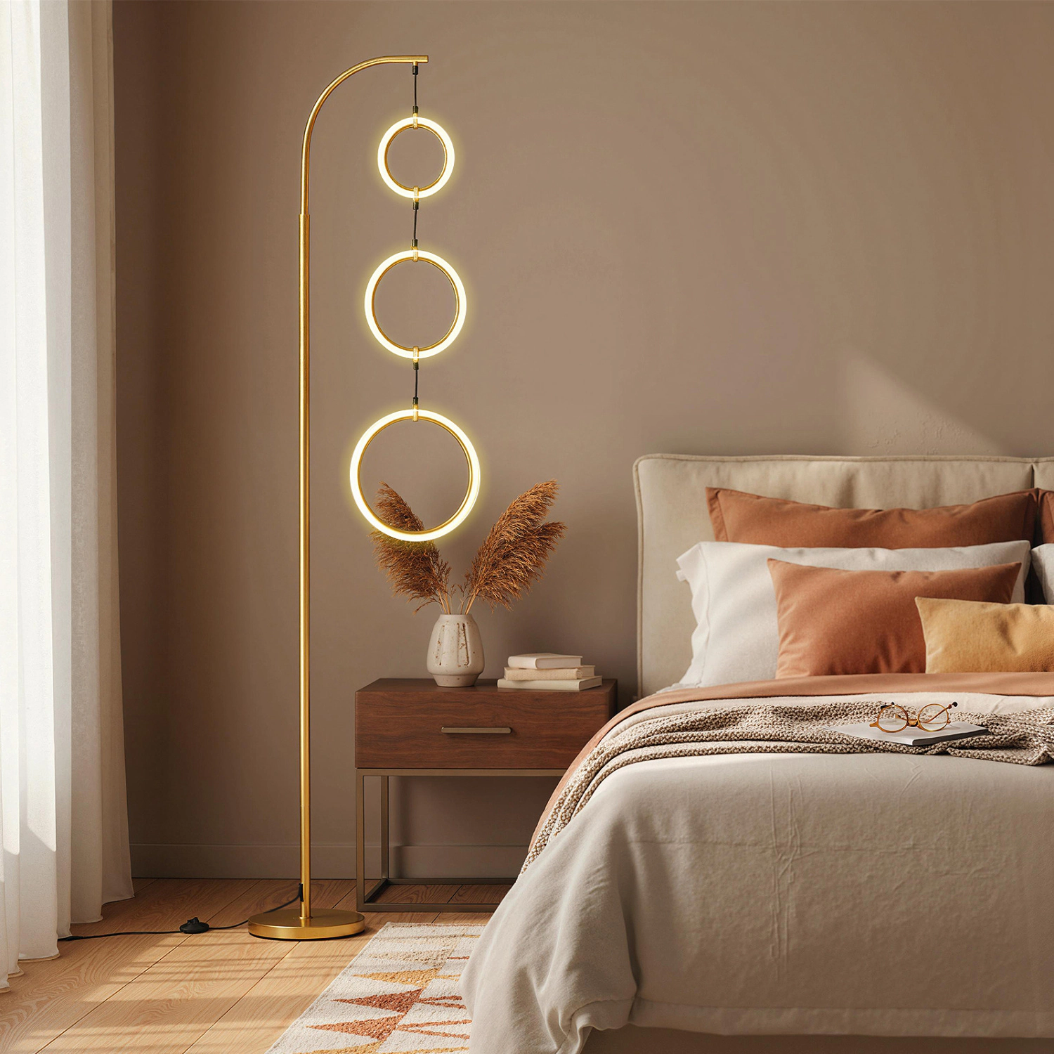 Slickblue Modern 3 Ring LED Floor Lamp 71in Gold Standing Light with Memory Function