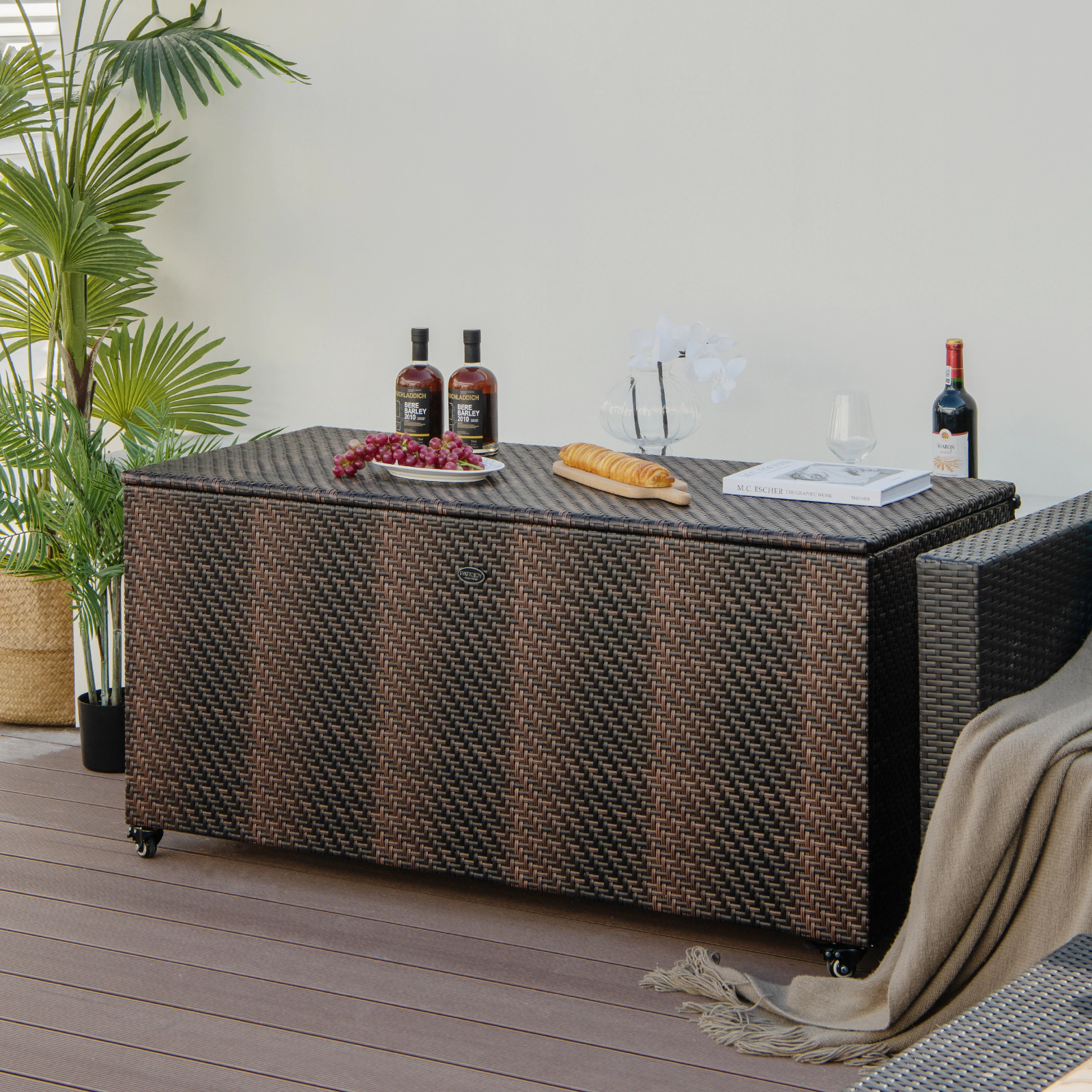 SUGIFT 96 Gallon PE Wicker Outdoor Storage Box with Waterproof Liner and Gas Strut 52-in Frame with 4 Wheels Mix Brown