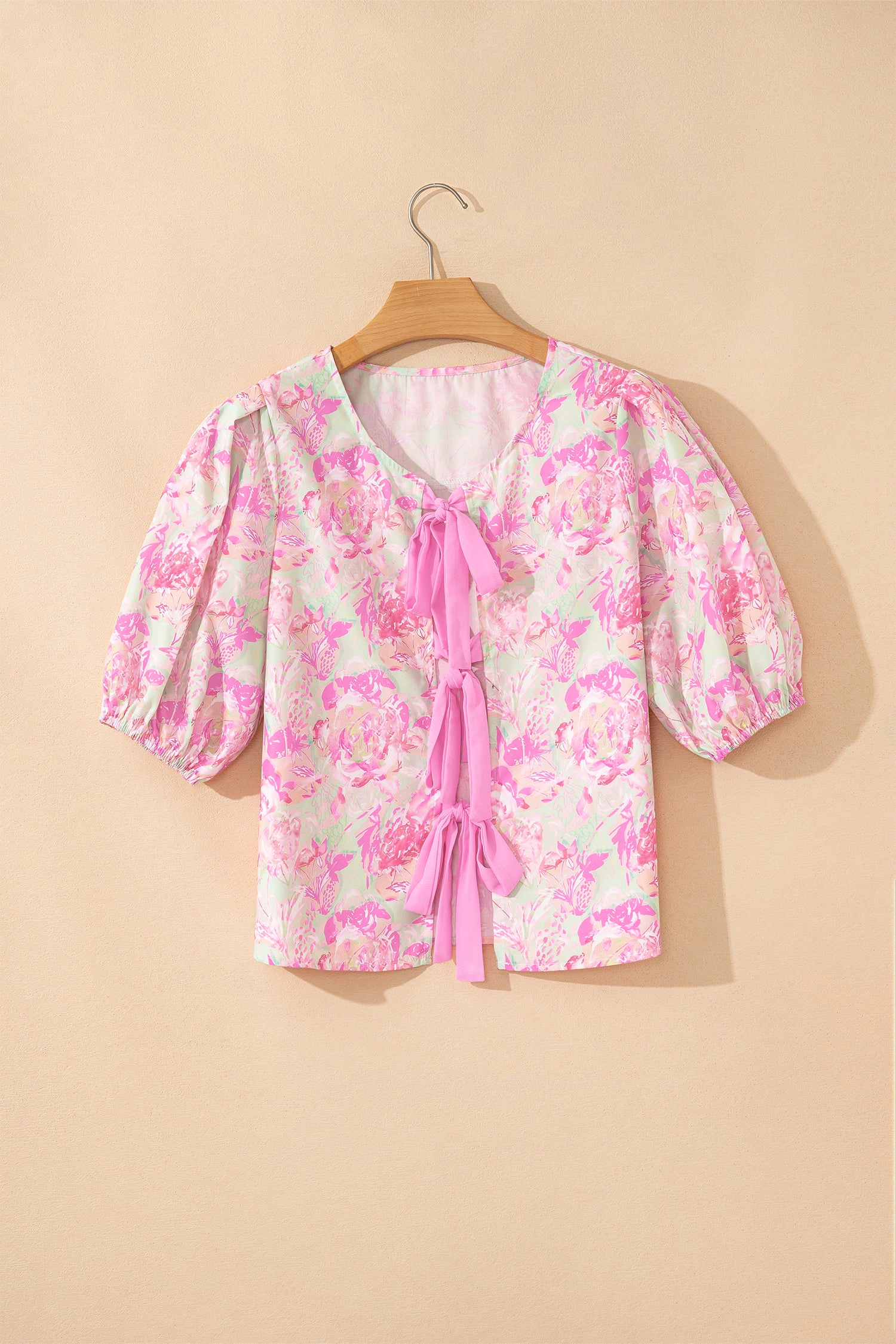 Threaded Pear Womens Ayla Short Puff Sleeve Blouse - Floral Pink