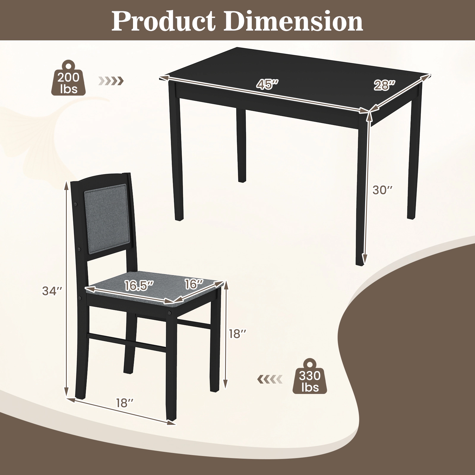 SUGIFT 5-Piece Farmhouse Dining Set for 4, 45-Inch Table with Upholstered Chairs