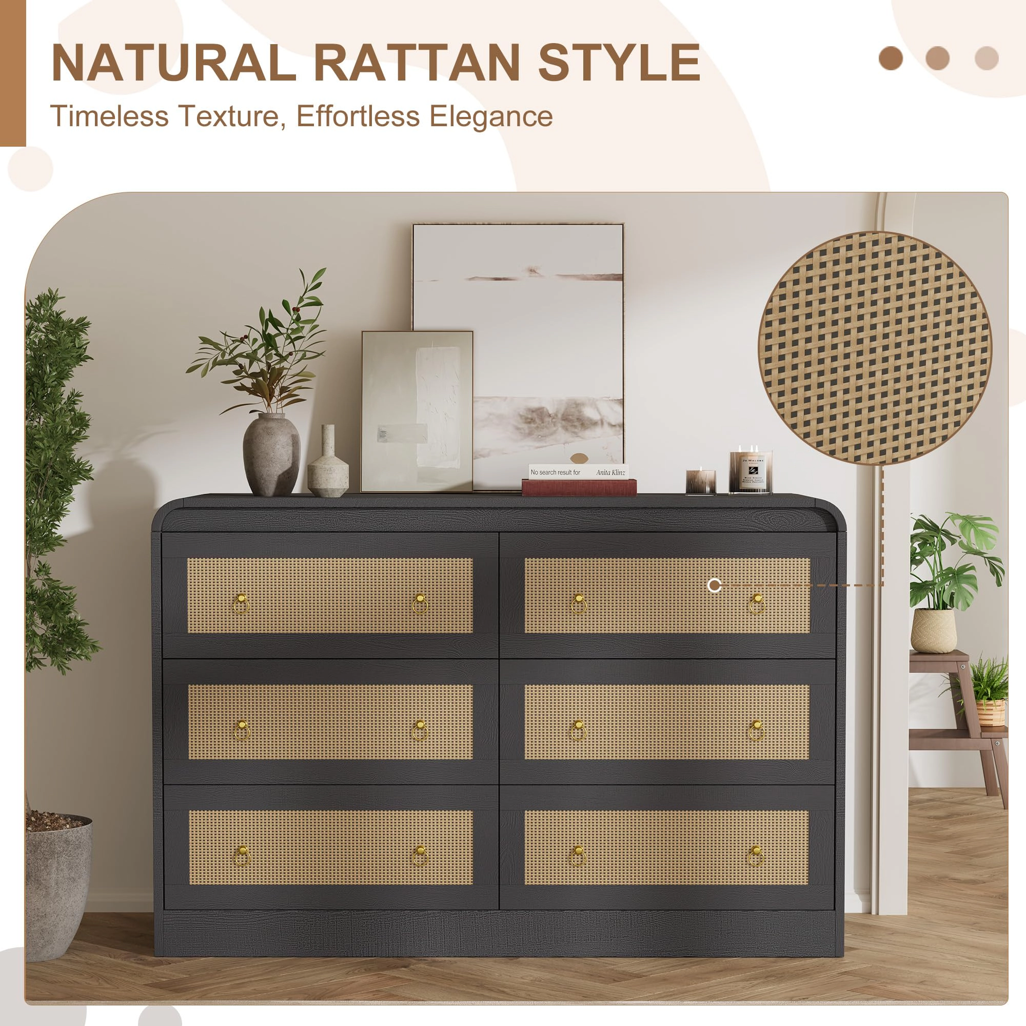 6 Drawer Rattan Dresser with Rounded Corners, 46" Wide Modern Wooden Storage Cabinet for Bedroom Living Room