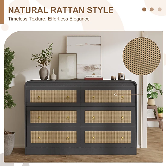 6 Drawer Rattan Dresser with Rounded Corners, 46" Wide Modern Wooden Storage Cabinet for Bedroom Living Room