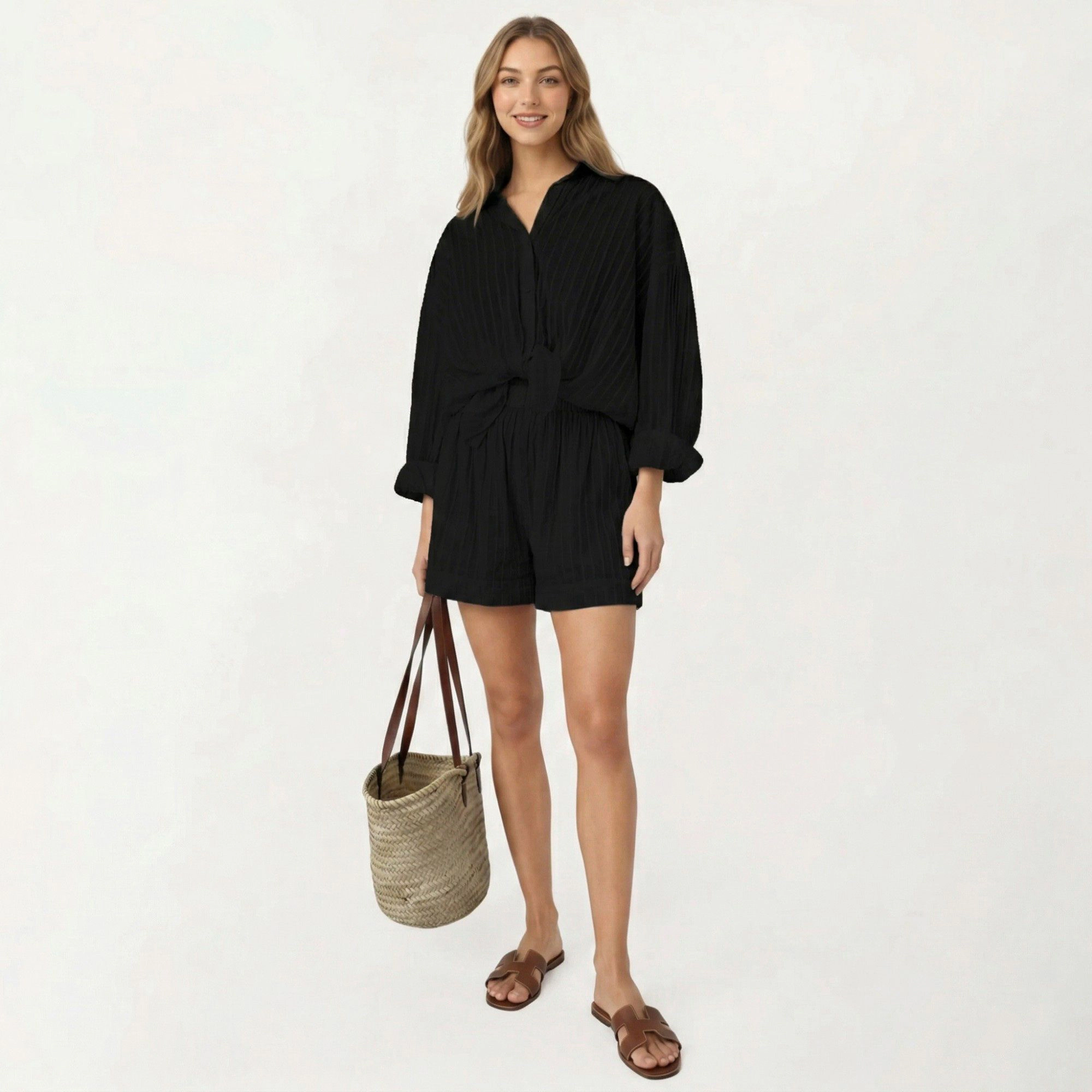 Anna-Kaci Women's 2-Piece Button Down Pajama Shirt and Shorts Long Sleeve Textured Stripe Printed Lounge Sleepwear Set