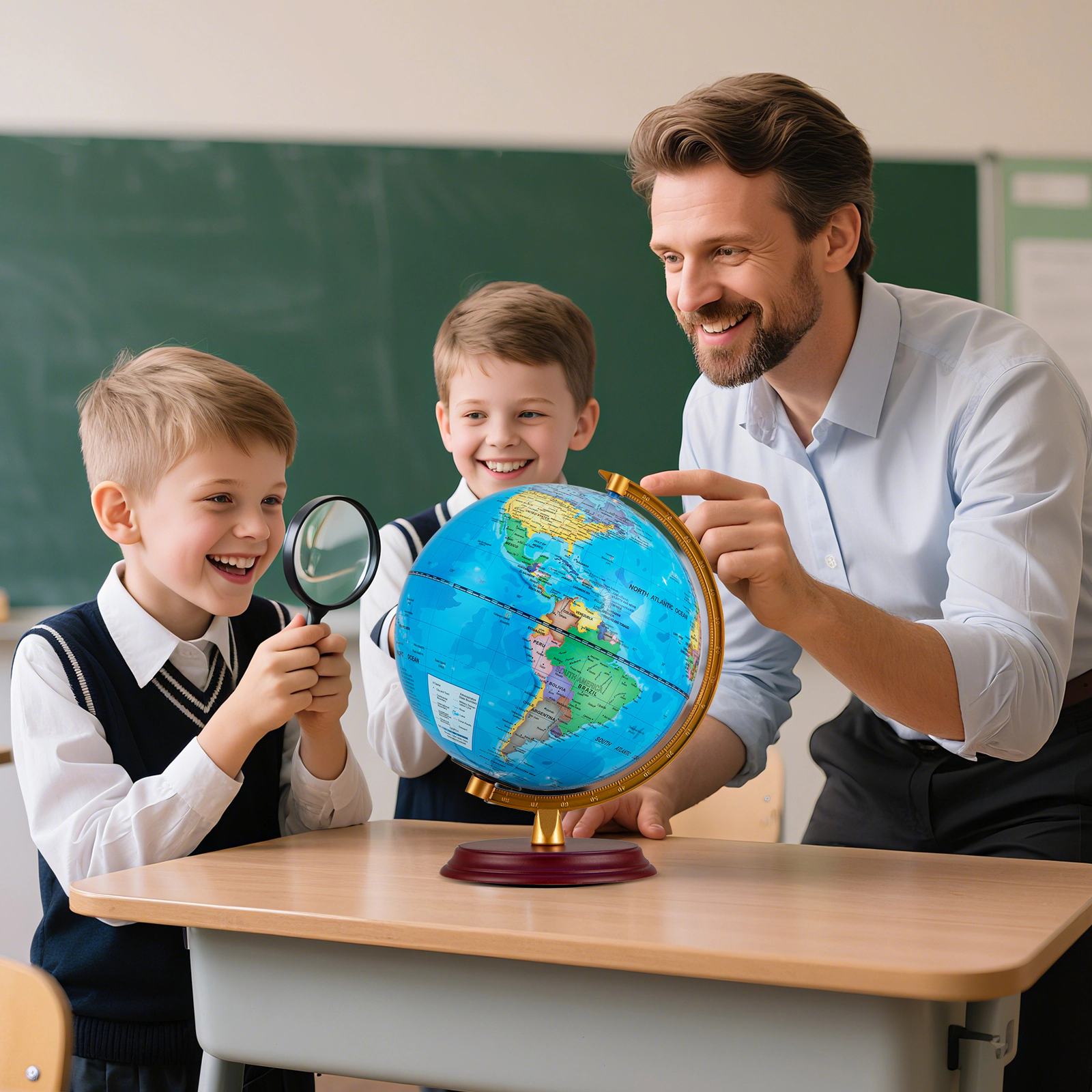 SUGIFT Kids LED Illuminated HD Map Wooden Base Night Light World Globe 8-in Diameter 8.5-in x 8.5-in x 10.5-in Blue