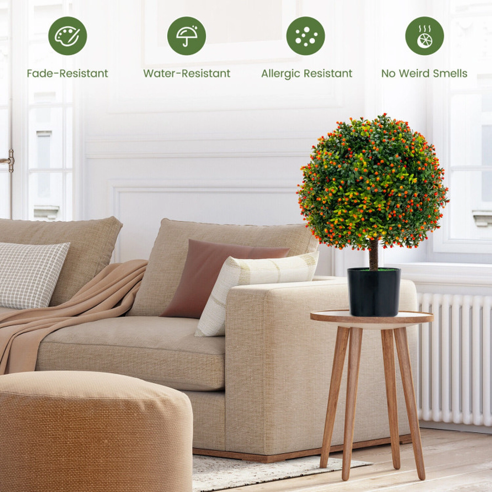 SUGIFT 2-Pack Artificial Boxwood Topiary Ball Tree with Orange Fruit 15-in Boxwood Ball 6-in Flowerpot Green Orange
