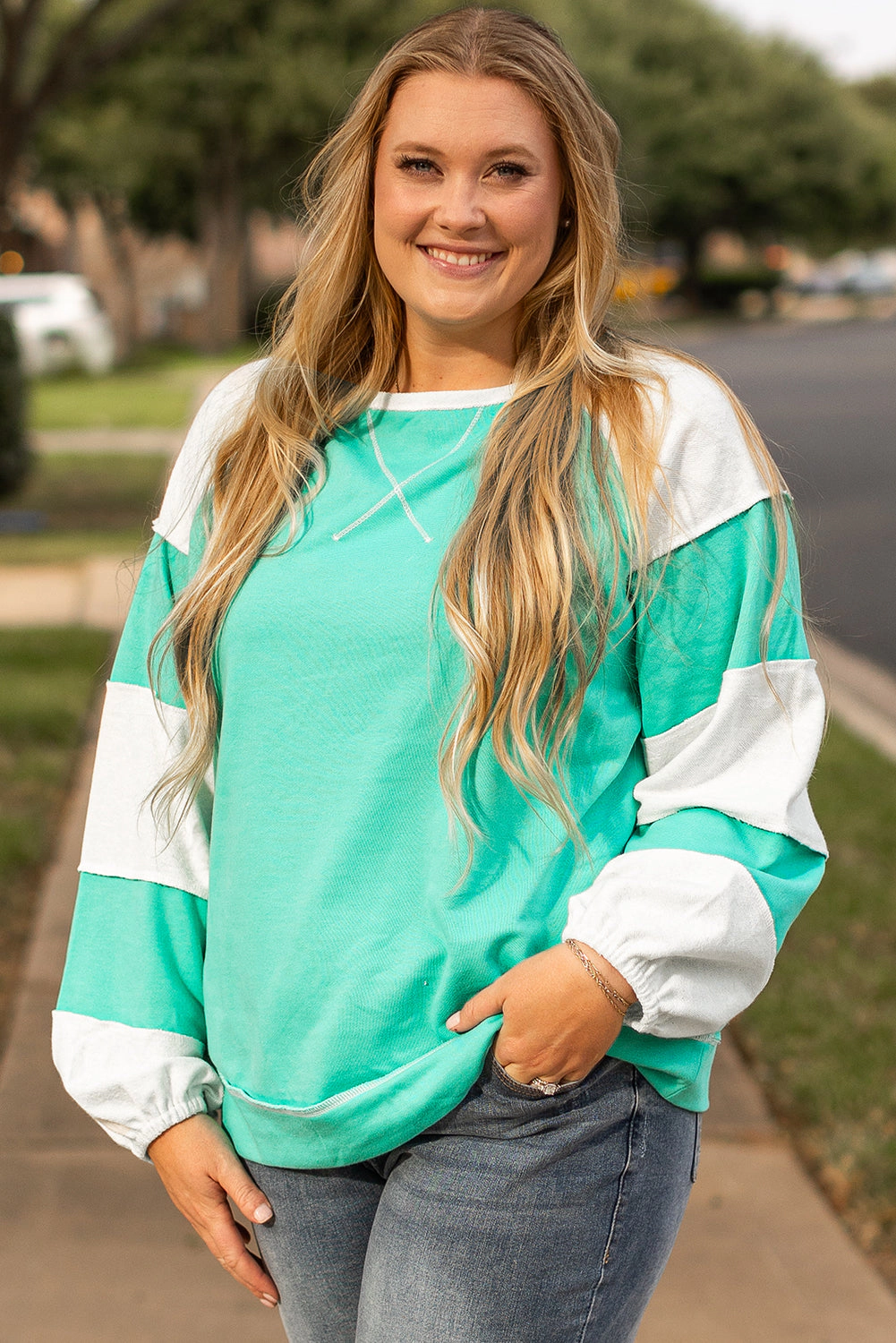 Threaded Pear Women's Aruba Blue Colorblock Patchwork Cross Seam Plus Sweatshirt