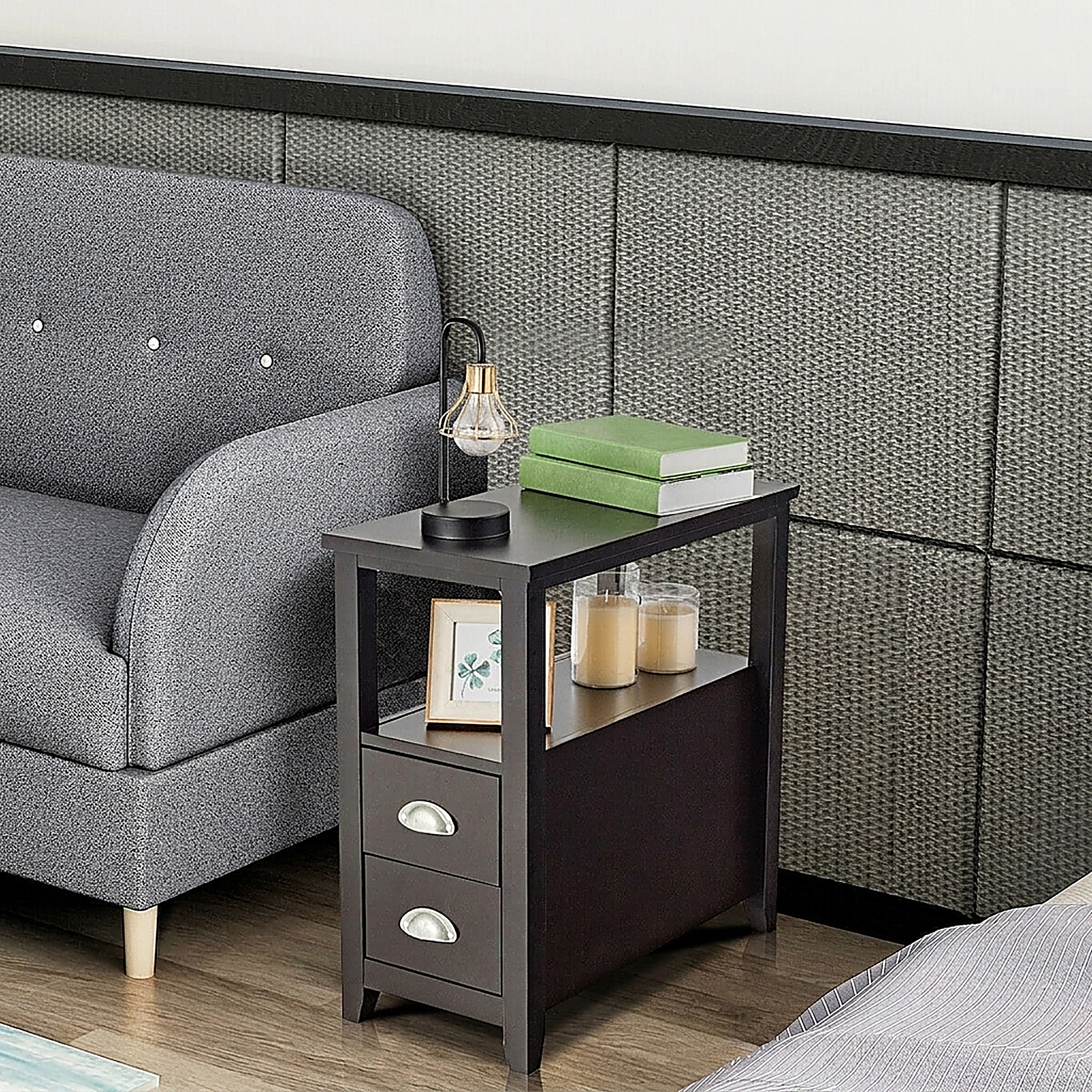 SUGIFT Set of 2 Dark Brown End Tables, 24 in Sofa Side Tables with Drawer and Open Shelf