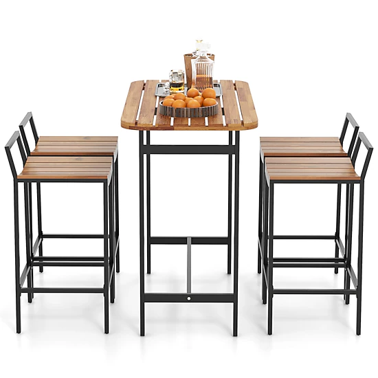 LJG 5 Piece Acacia Wood Bar Table Set Bar Height Table and Chairs with Metal Frame and Footrest