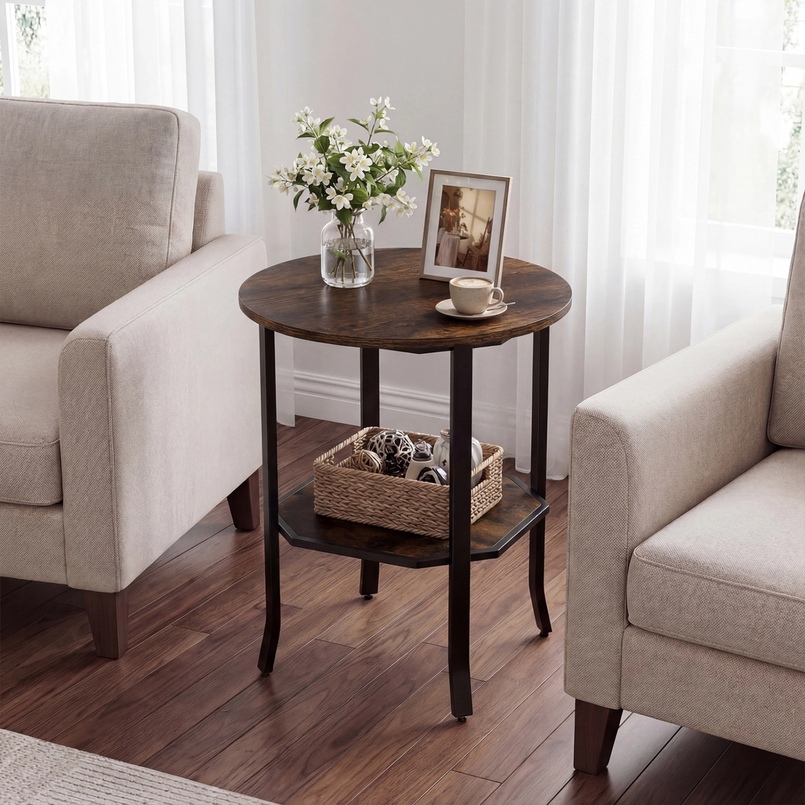 SUGIFT Round Small End Table 2-Tier Storage Shelf 90-lb Tabletop Capacity 20 x 24 in Frame Rustic Brown & Black