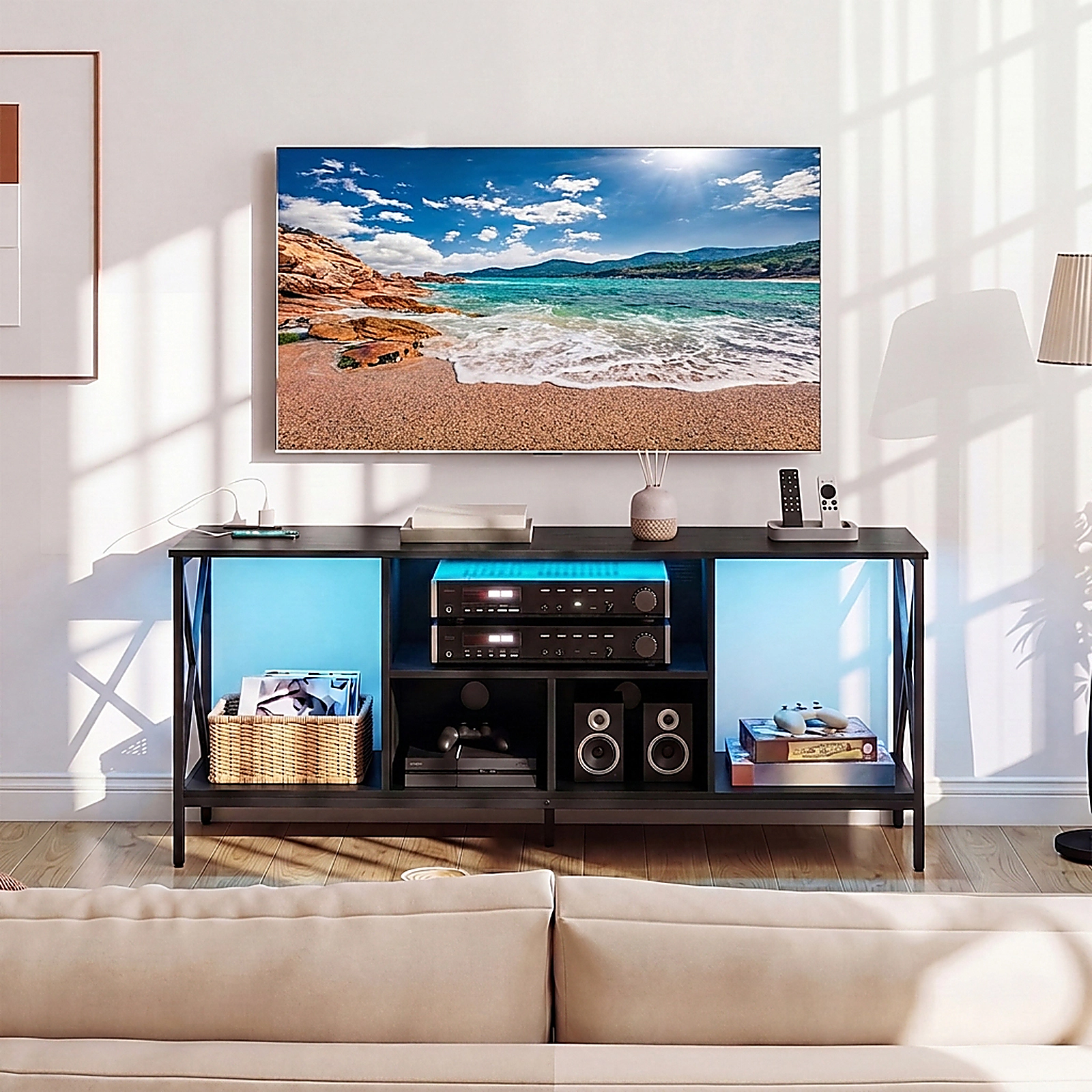 SUGIFT TV Stand with LED Lights Entertainment Center with Power Outlets for 65-In TV 132-lb Tabletop Capacity Black