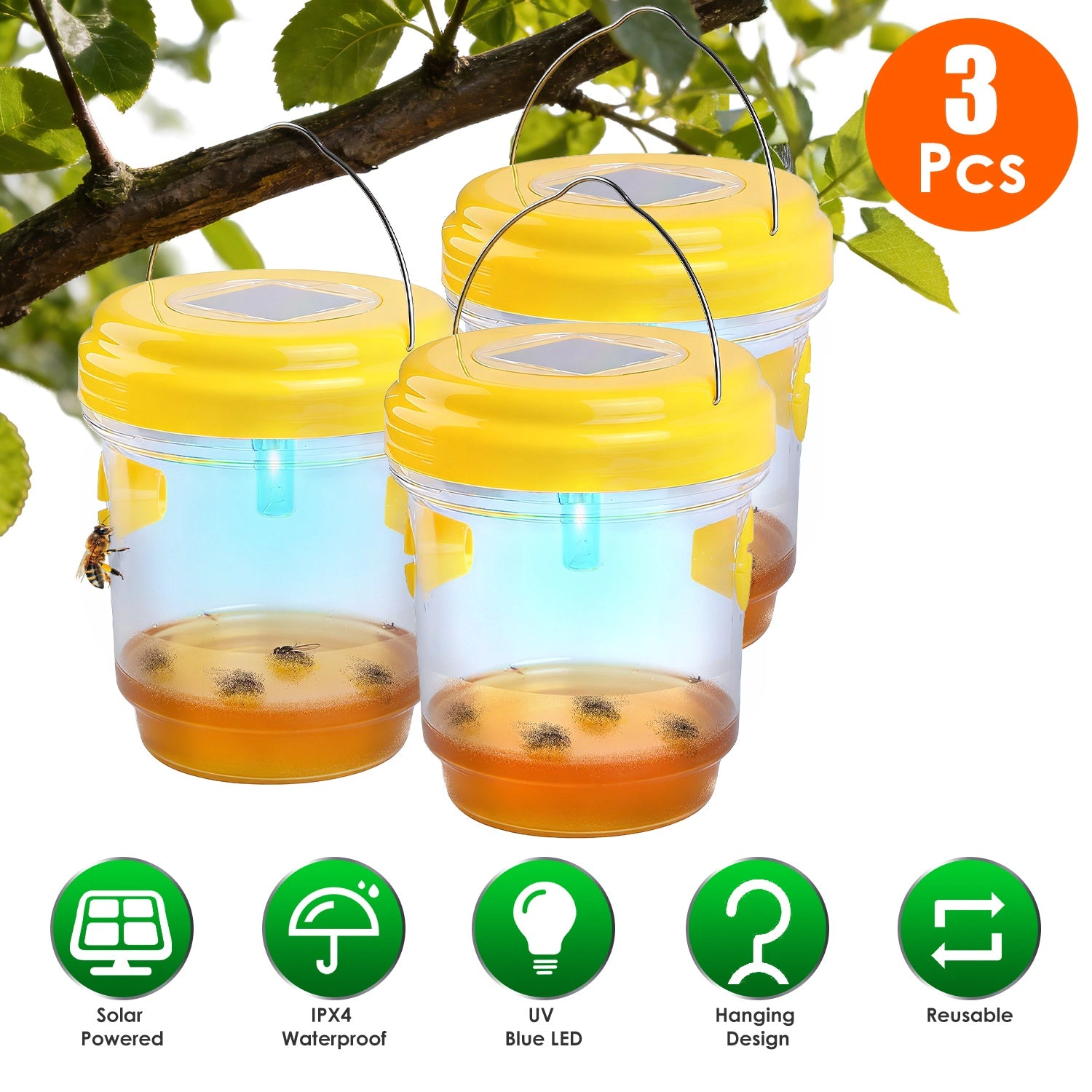 GBruno 3-Pc Solar Wasp Traps With UV Light