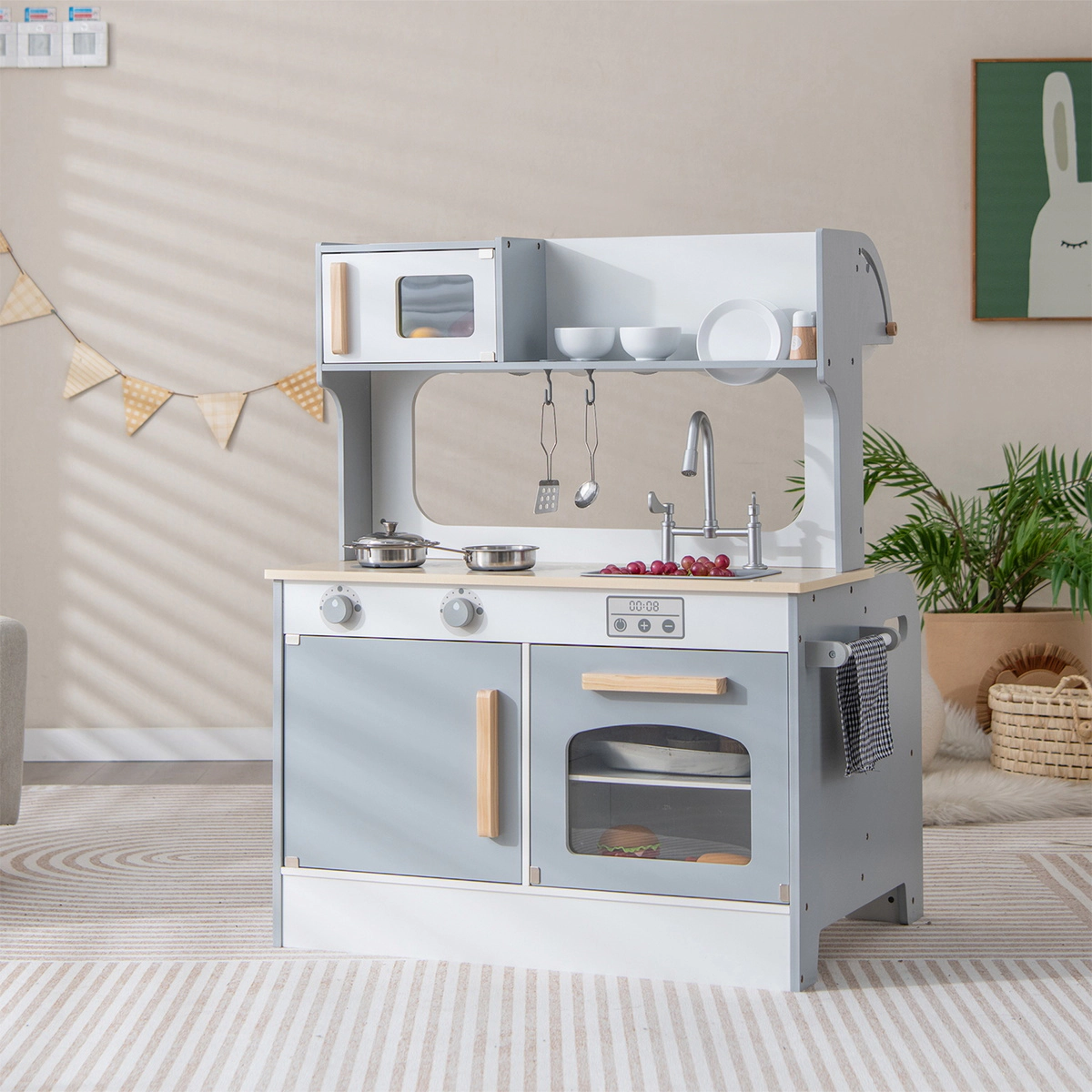 SUGIFT Gray 2-Seat Cafe Counter Double Sided Kids Pretend Play Kitchen Playset