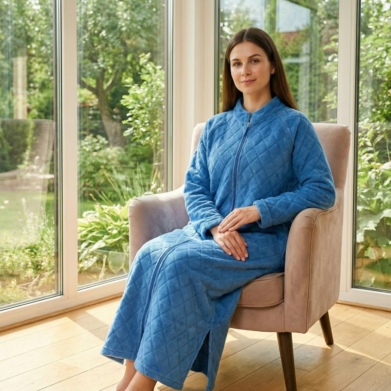 Loungees Plush Fleece Robe Royal Blue, Mid Length Zip Front Bathrobe with Shawl Collar, Soft Coral House