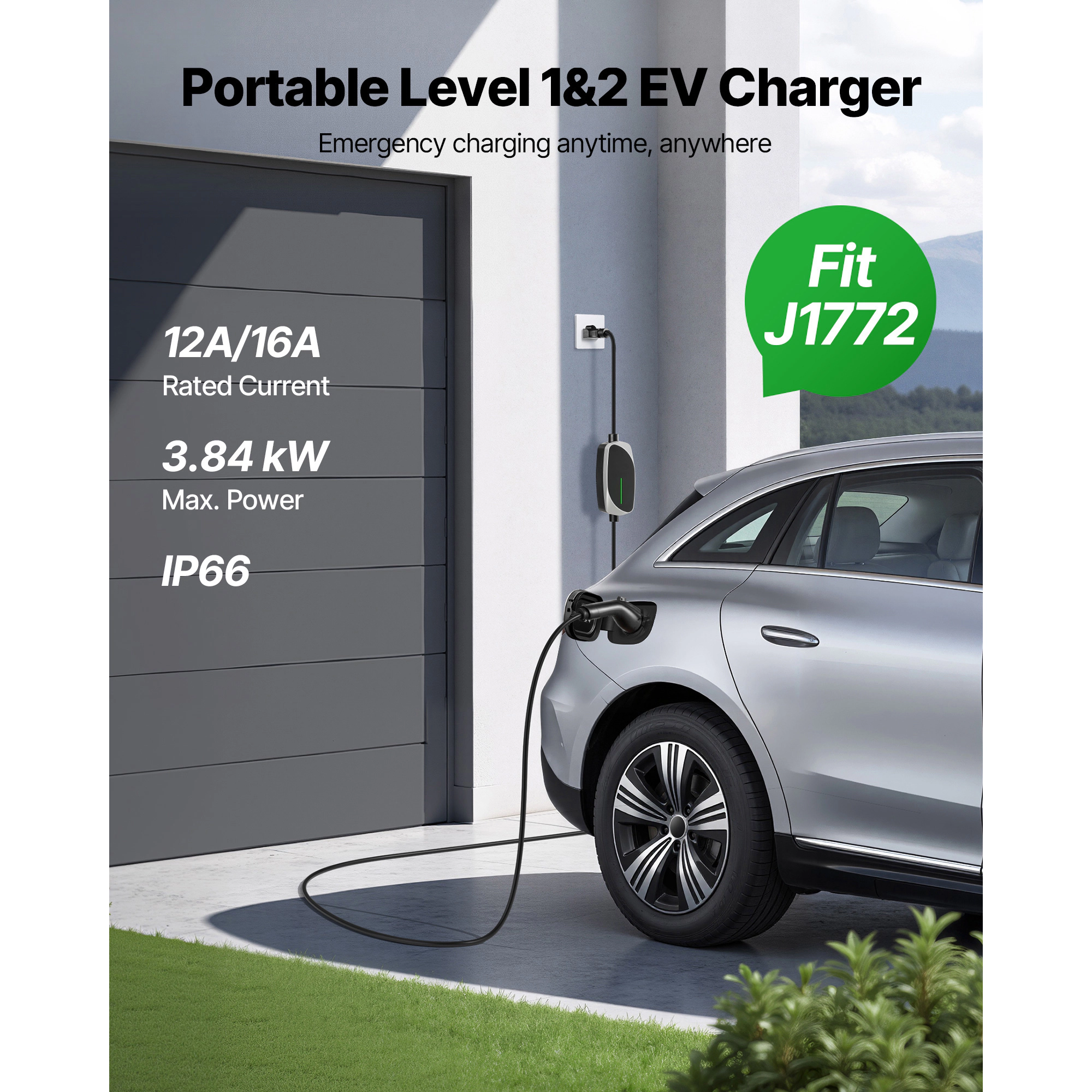 HONGGE Portable EV Charger, 16 Amp, Electric Vehicle NEMA 6-20P Plug 5-15 Adapter