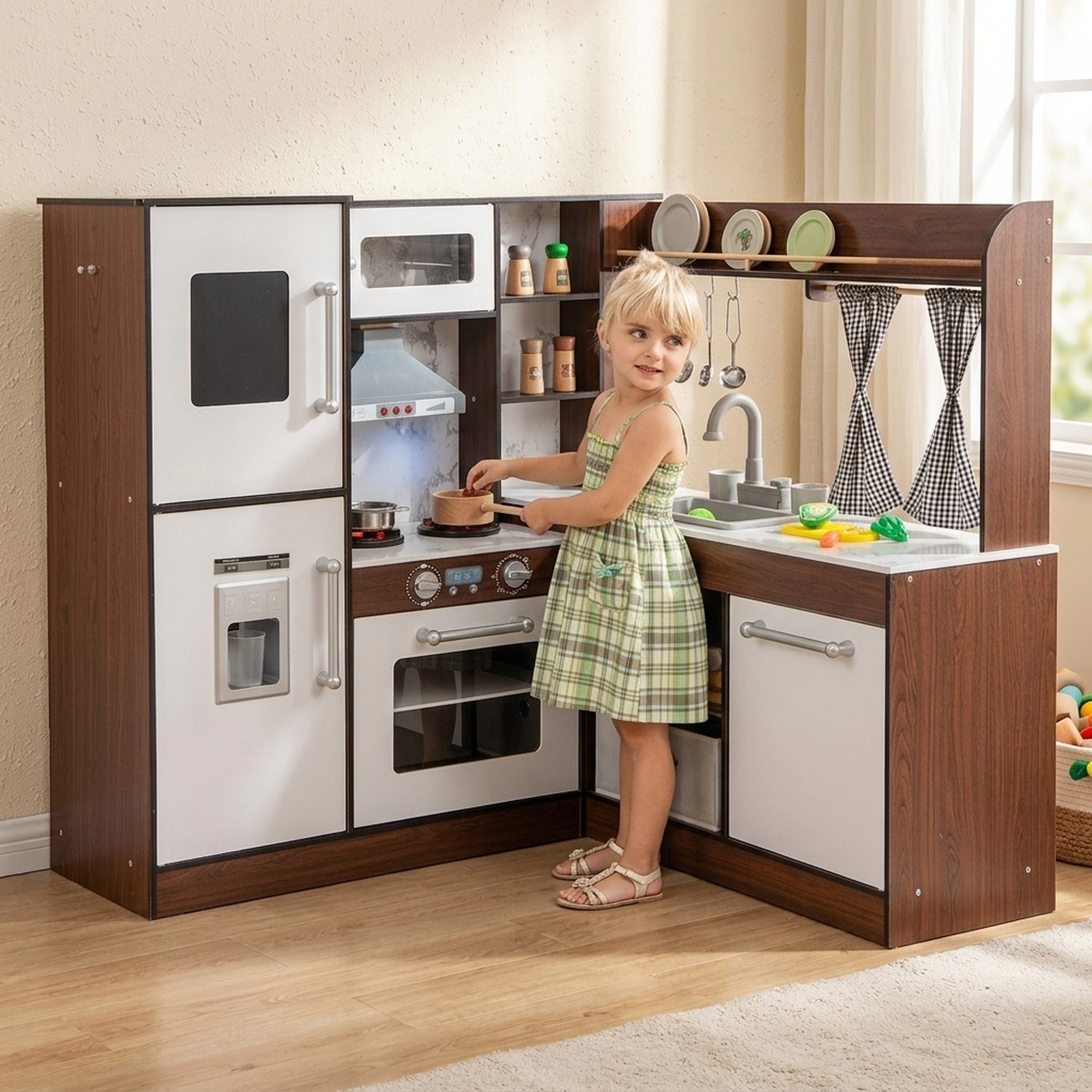 Wooden Corner Play Kitchen Water Circulation 360-Degree Faucet Ice Maker Plaid Curtains 40-in x 35-in x 38-in Brown