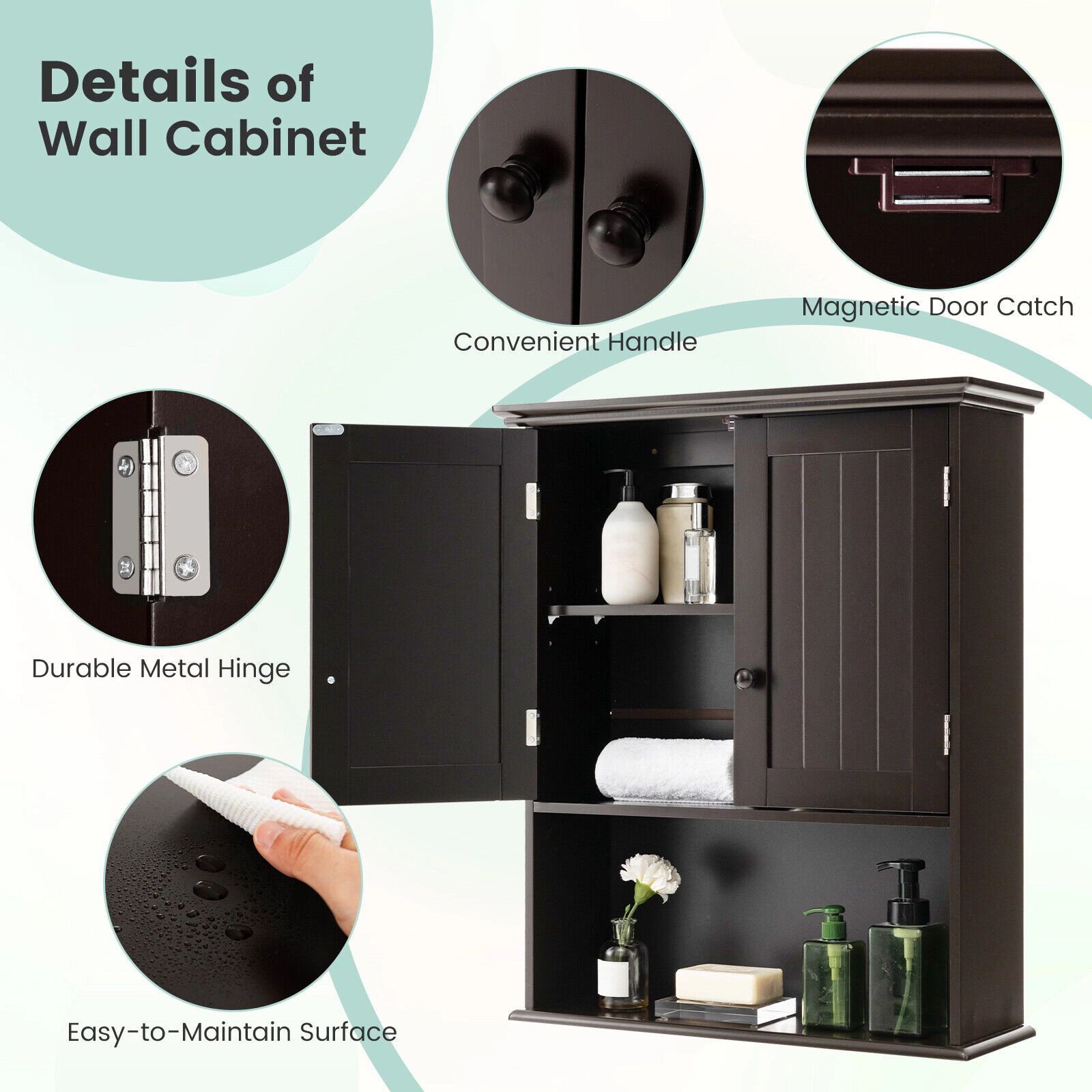 SUGIFT 3-Tier Wall Mount 2-Door Beadboard Bathroom Storage Cabinet 23.5-in x 8-in x 28-in 11-lb per Shelf Espresso