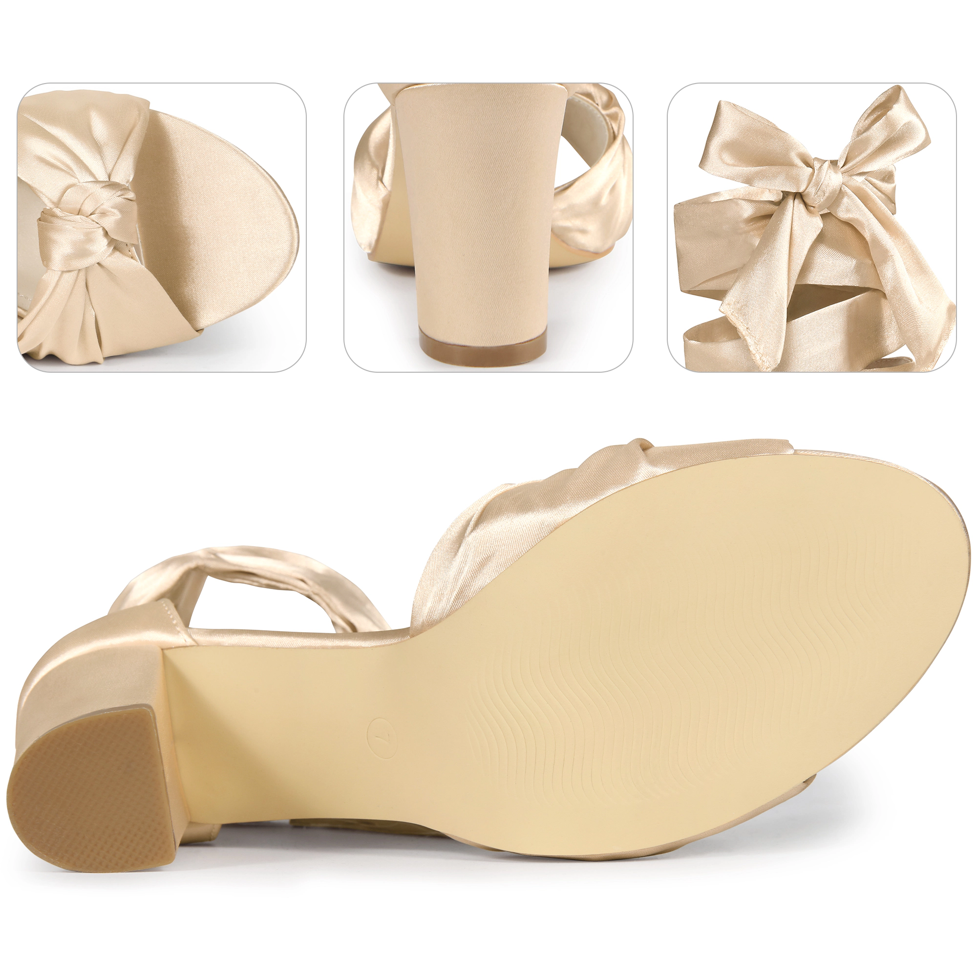 BLISSFUL STEP Women's Satin Open Toe Lace Up Chunky Heel Block Heels Sandals