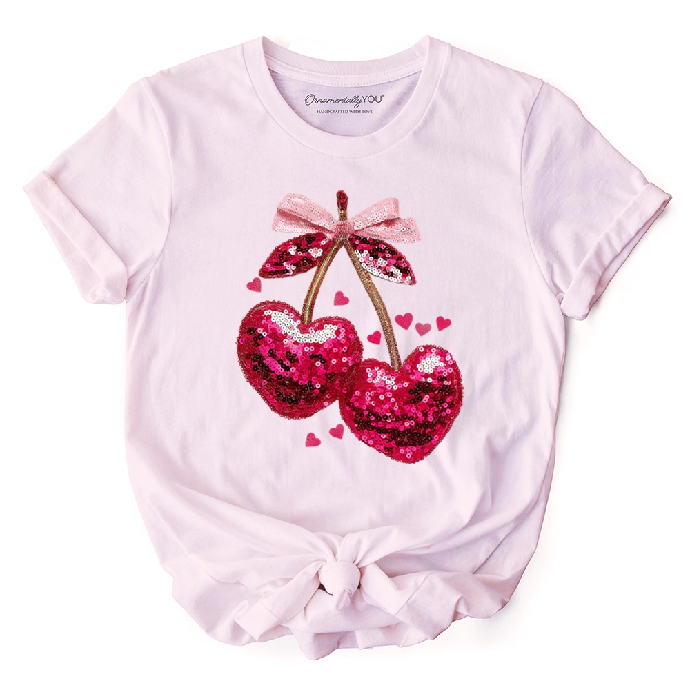 OrnamentallyYou Womens Sequin Cherry Heart "Mood For Love" Valentine T-Shirt
