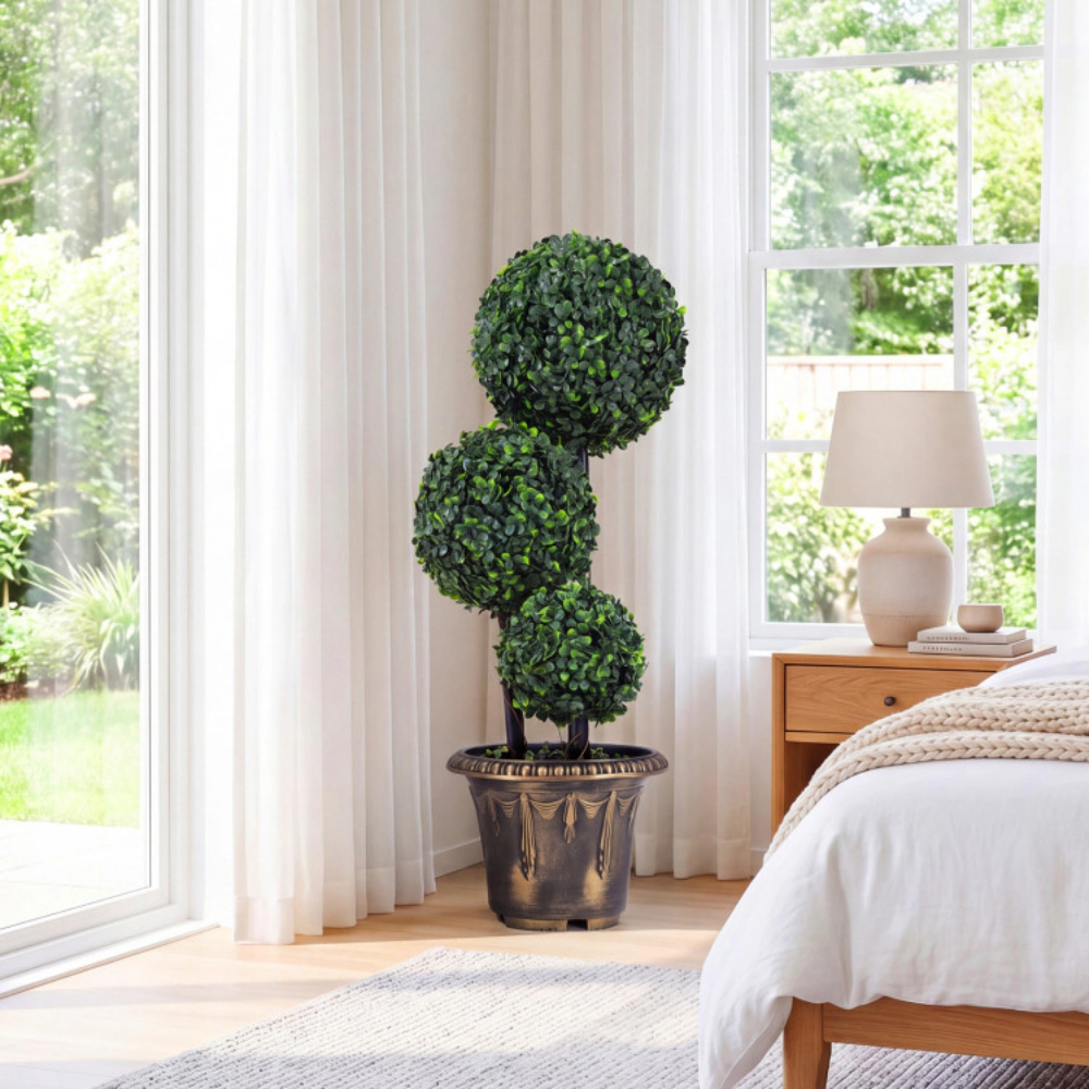 Slickblue Artificial Triple Ball Boxwood Topiary Tree 29in Black Gold Planter Porch Entry Decor-Set of 2