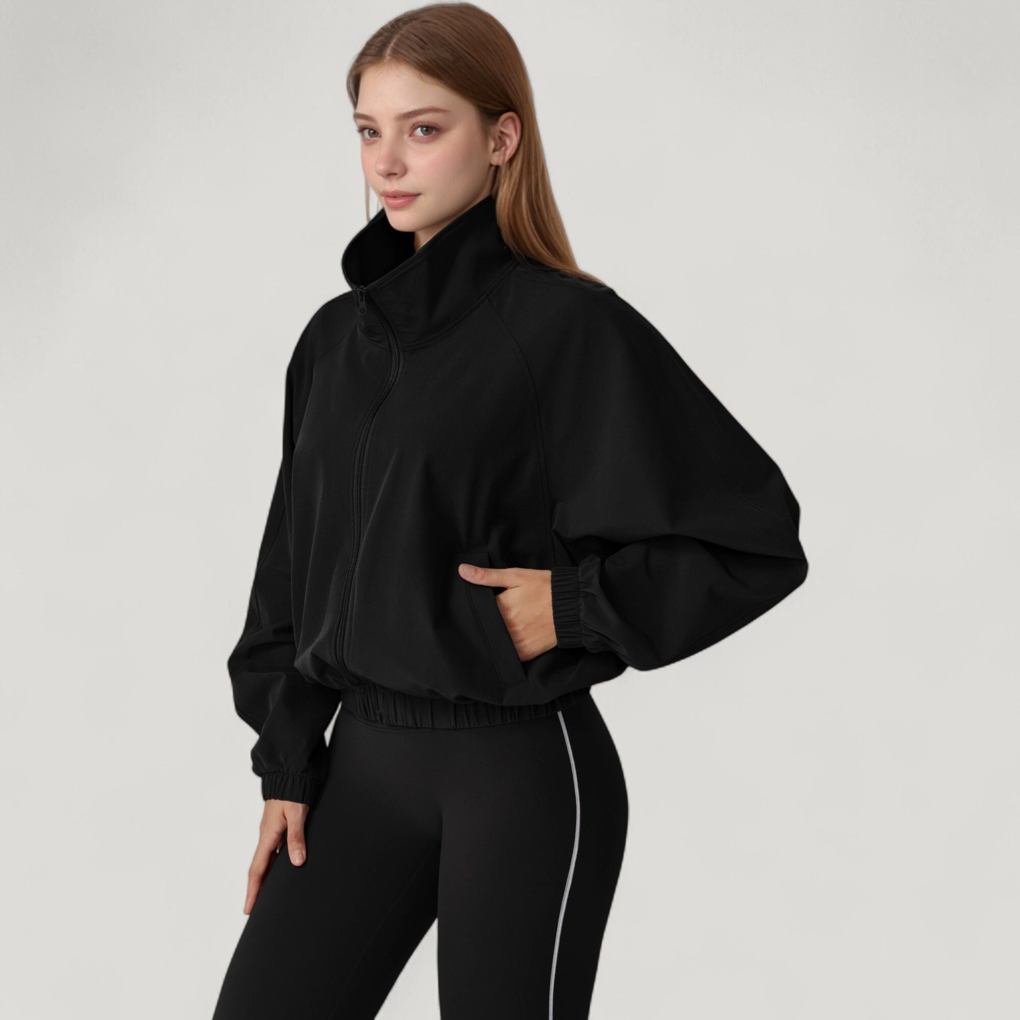 Anna-Kaci Women's Zip-Up Activewear Jacket with High Collar Long Sleeves and Relaxed Elastic Hem for Workout Wear