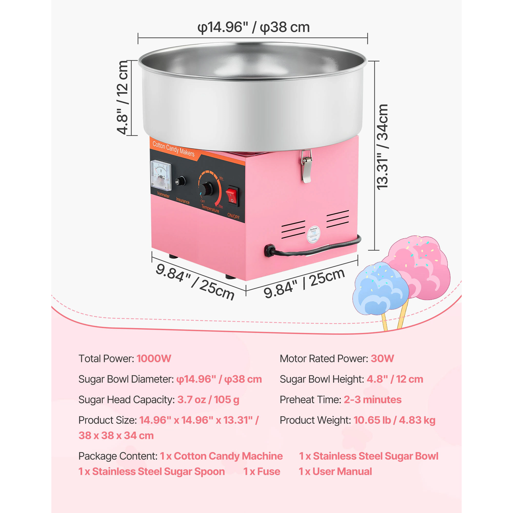 HONGGE Cotton Candy Machine Commercial 1000W Electric Candy Floss Maker Easy Use with 15 inch Stainless Steel Bowl and