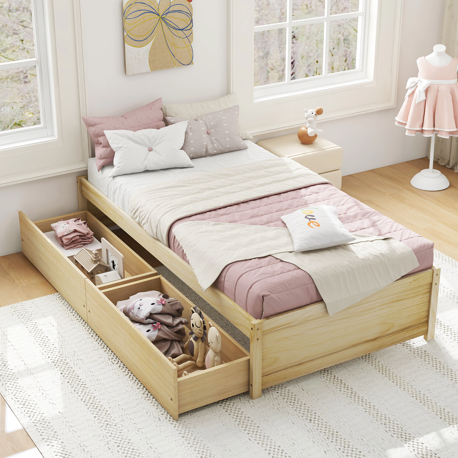 LJG Twin Size Captain Bed with 2 Drawers and Slats