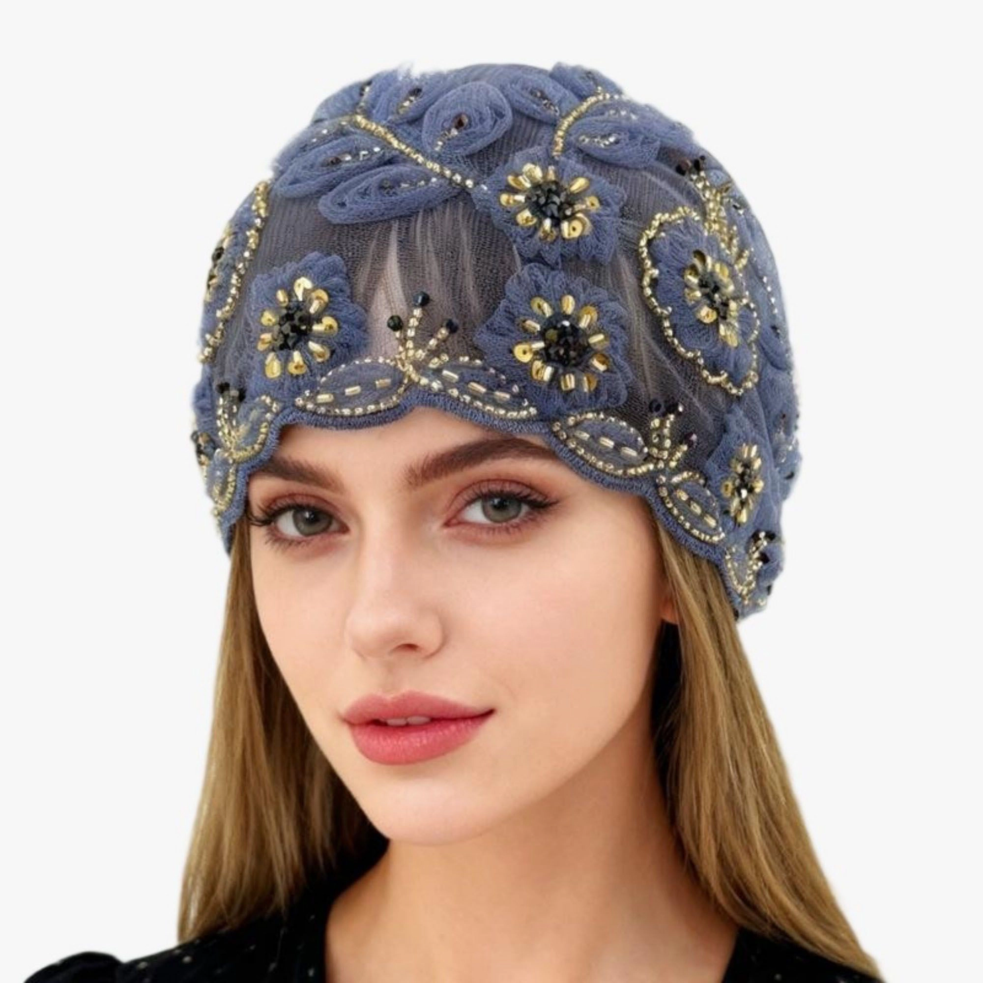 Anna-Kaci Women's Floral Beaded Mesh Cloche Cap with Scalloped Trim