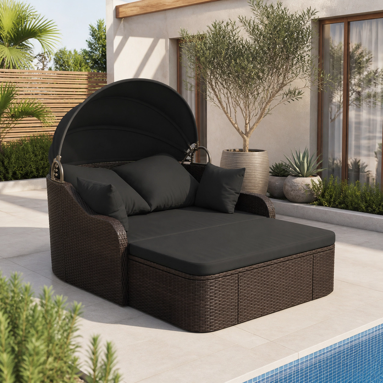 SUGIFT Black PE Rattan Patio Daybed with Retractable Canopy, Loveseat and Coffee Table