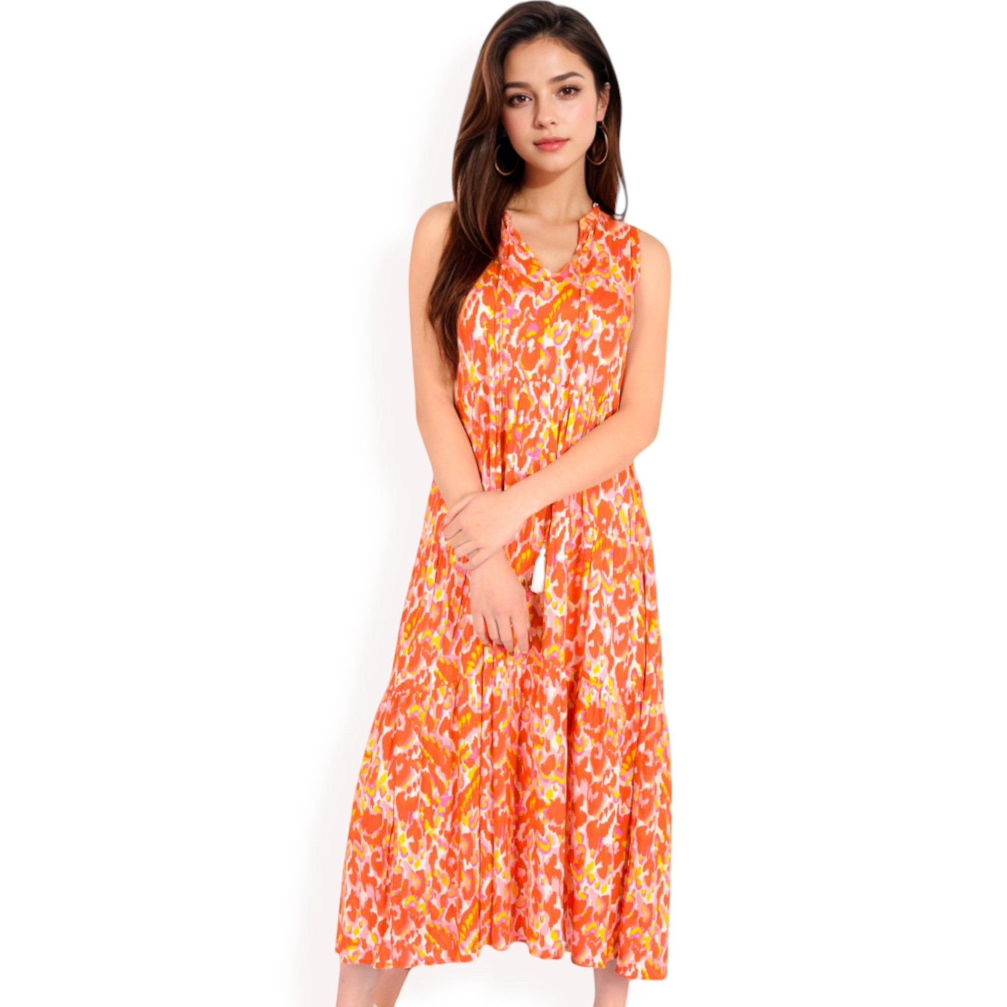 Anna-Kaci Women's Sleeveless Tiered Vibrant Abstract Print Tassel Tie Detail Maxi Dress