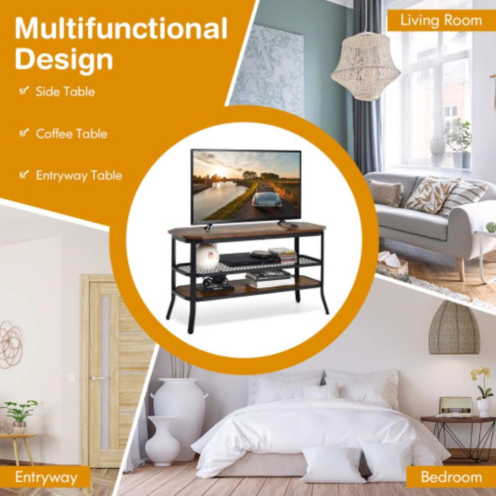 Hivvago 3-Tier Console Table Tv Stand With Mesh Storage Shelf-Rustic Brown