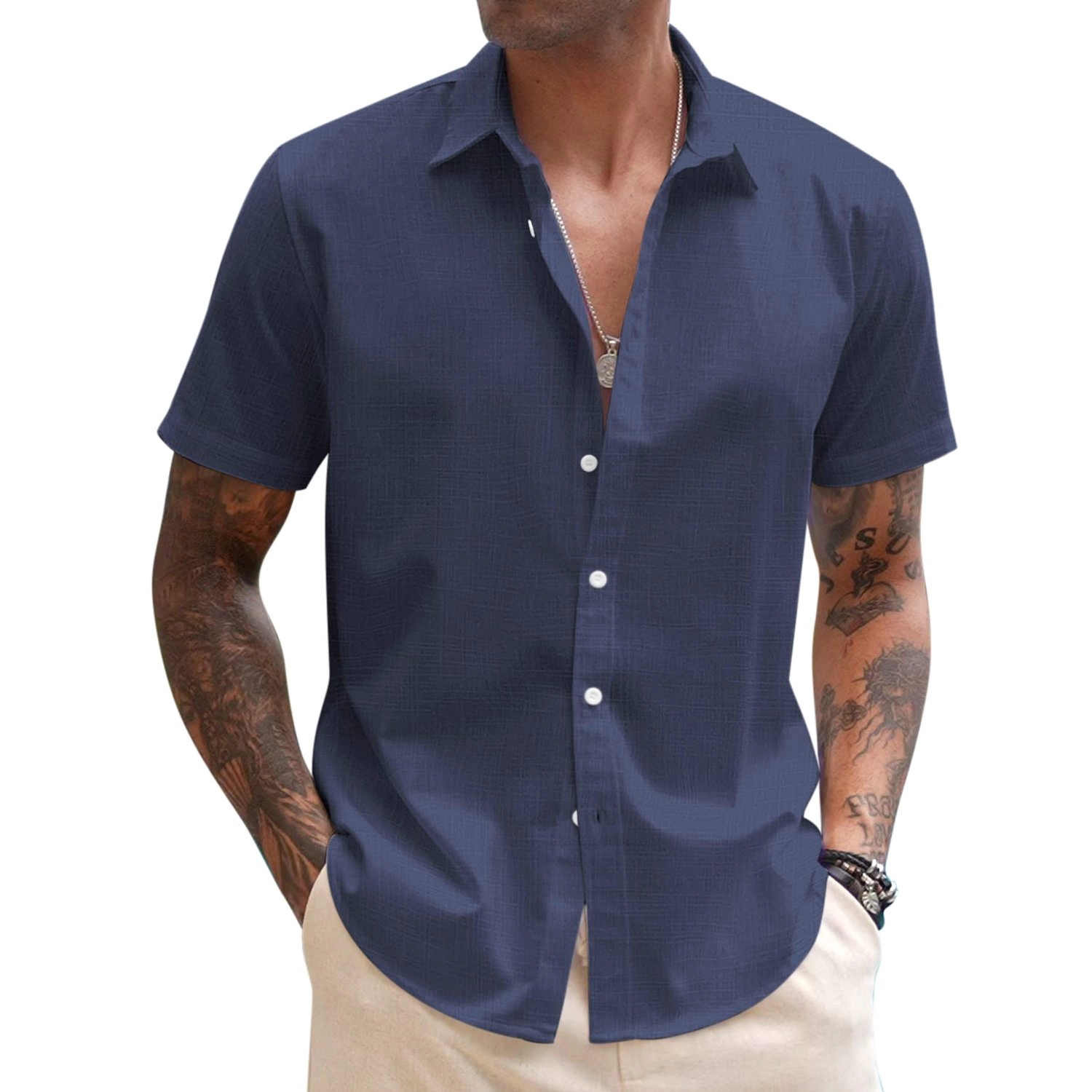 COOFANDY Mens Short Sleeve Button Down Shirt  V Neck Lapel Collar Casual Tops